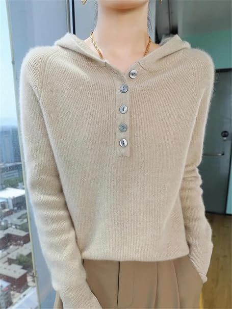 Maglione con Cappuccio in Lana Merino da Donna Autunno/Inverno A Maniche Lunghe in Maglia di Cashmere con Cappuccio E Coulisse