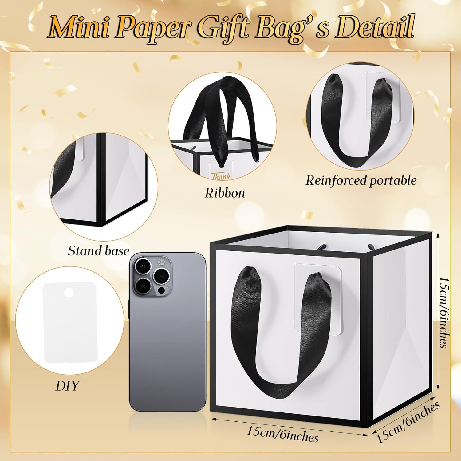 Kolldenn 50 Pcs Small Gift Bags with Handles Metallic Paper Square Wedding Favor Bags Bulk with DIY Blank Thank You Tags for Birthday Bridal Shower Thank You Party Favor (6 x 6 x 6 Inches,White) - Image 2