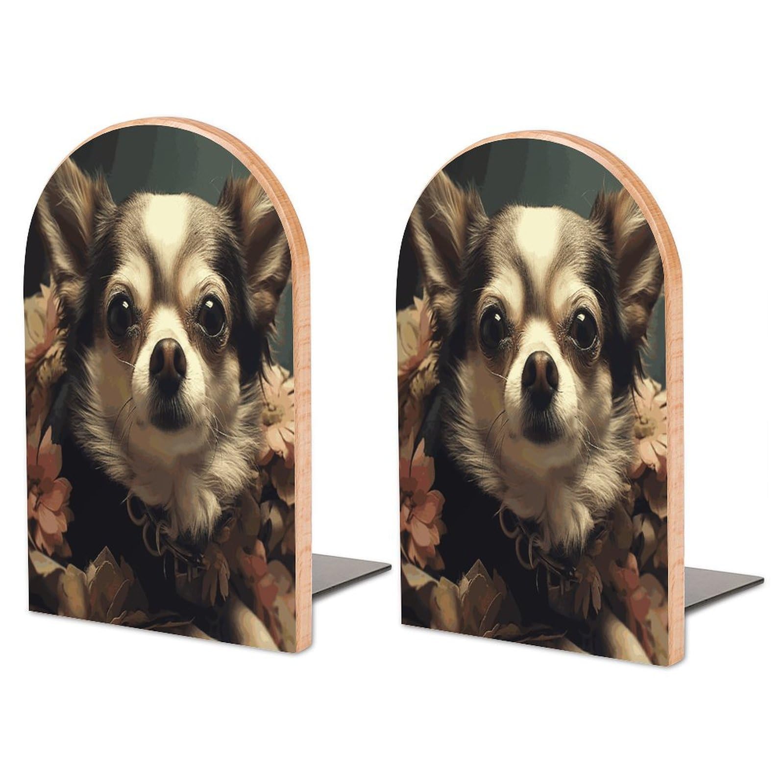 Heavy Duty Chiwawa Book End Wooden Bookends with Metal Base Non-Skid Book Stopper for Shelves Books Organizer for Home Office Supplies 6.7 X 4.7 X 3.9”