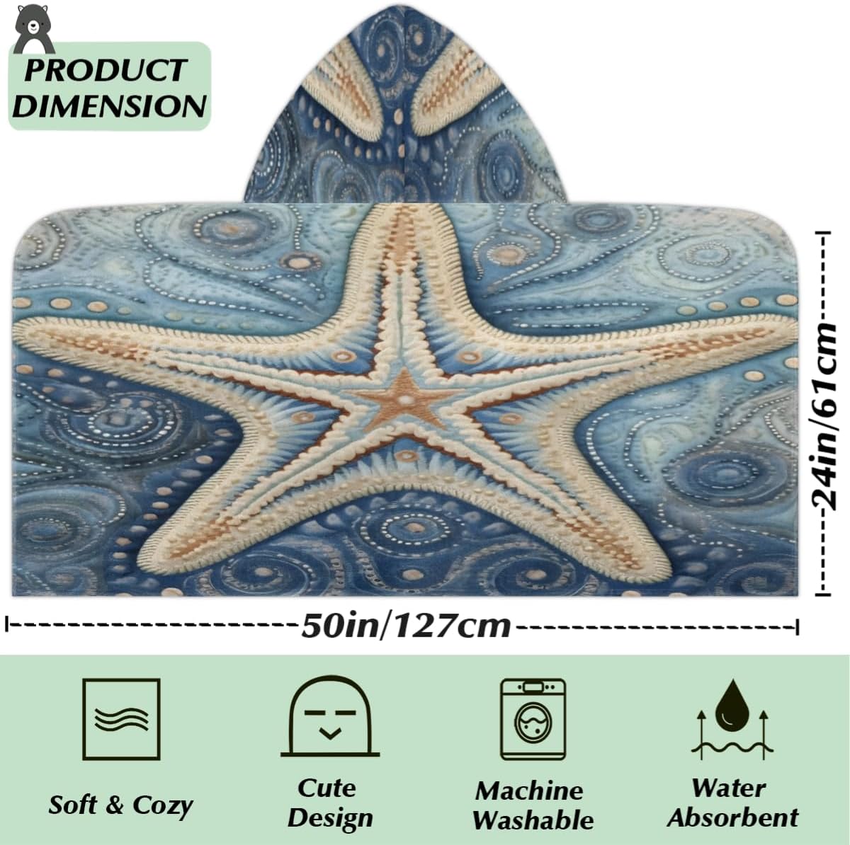 Pardick Kids Bath Towel Damask Strafish Beach Towel with Hood Pool Cover Up for Girls Boys Soft Absorbent Hooded Bath Towel Toddler Towels for Beach, Pool