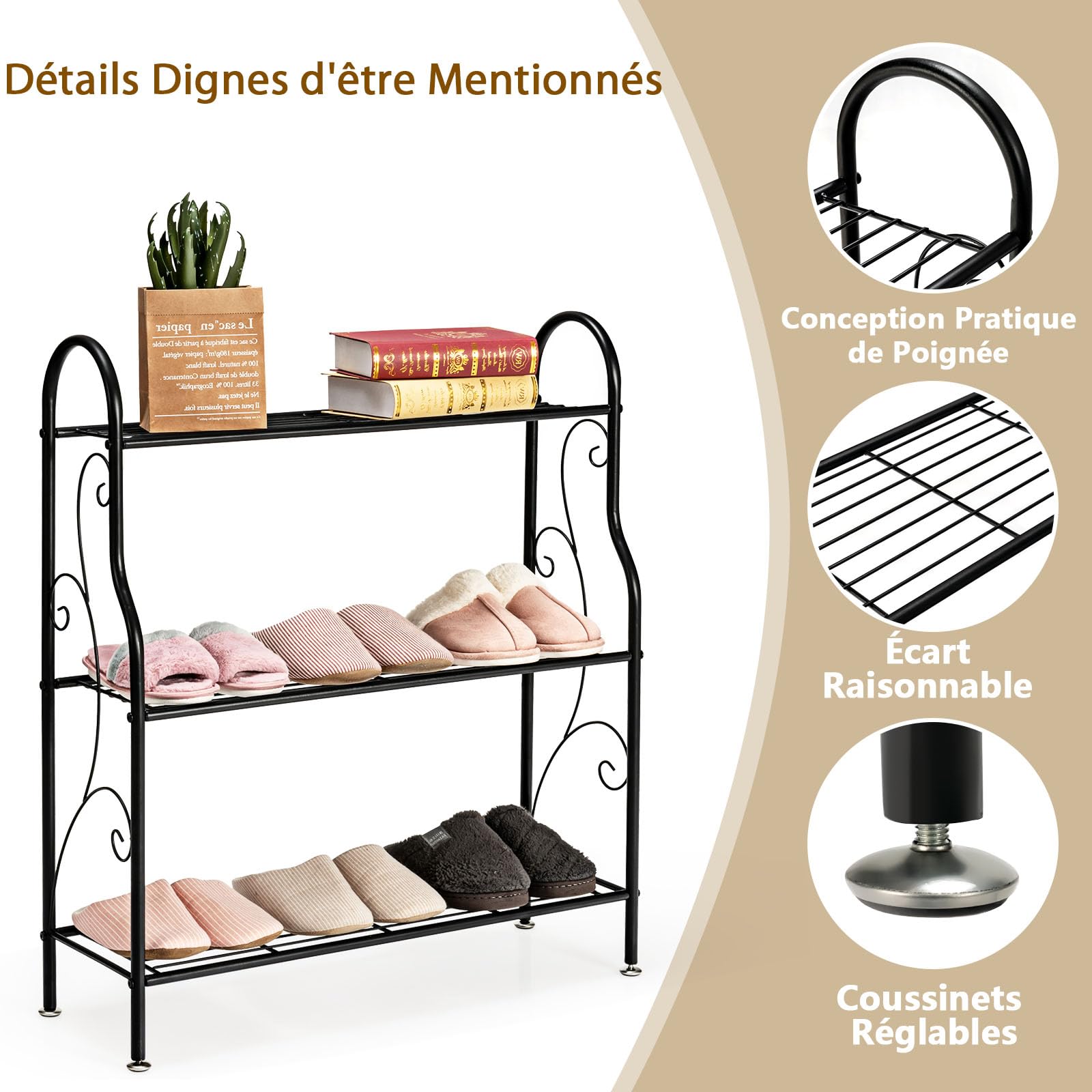 GOPLUS 3 Niveaux Support pour Plantes en Métal, Étagères Ouvertes et Pieds Réglables, Étagère en Fer Imperméable pour Utilisation Intérieure et Extérieure, Noir