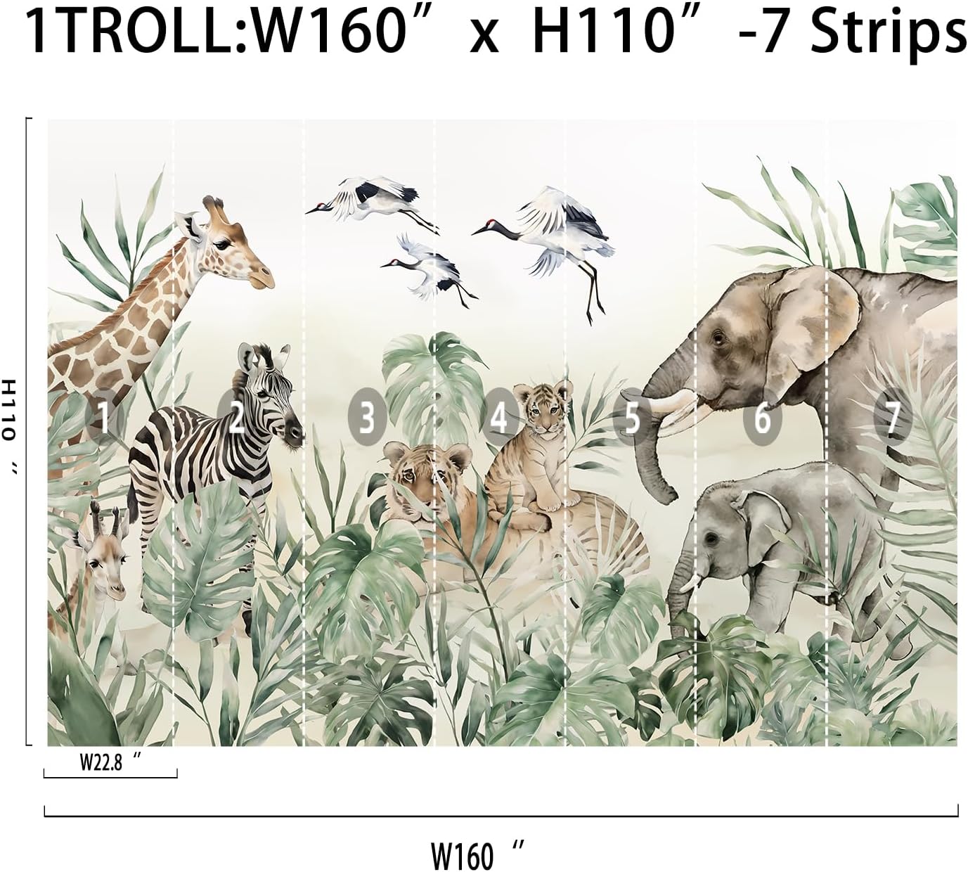 Colorful Animal-Themed Self-Adhesive Fabric Canvas Wall Art for Kids Playroom and Nursery Decoration (C, W160 x H110)