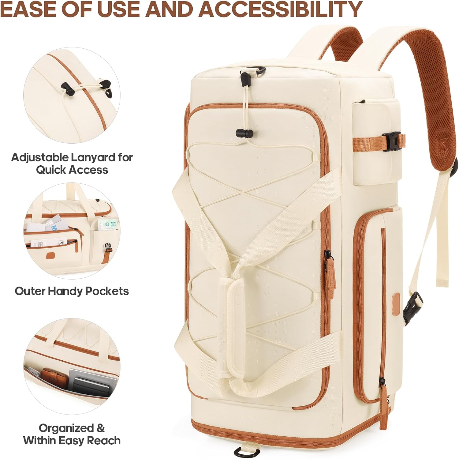 Gym Bag for Men and Women with Shoe & Laptop Compartment, 3-in-1 Sports Travel Duffel Bag Anti-Theft Weekender Carry-On Backpack for Airplane & Workout, Overnight Travel Bag,35L (Beige, Medium) - Image 2