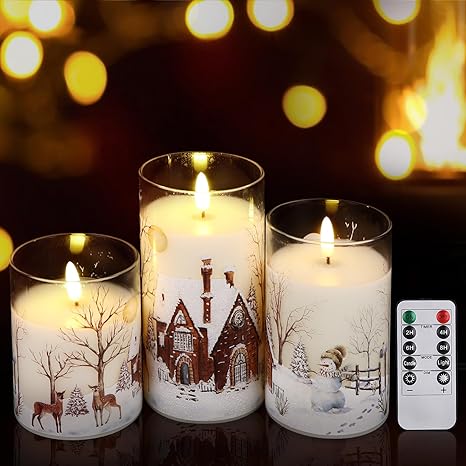 Bovrisy Bougies Sans Flamme 3D Vacillante, Bougies à Piles Avec Minuterie D'une Durée De Plus De 400 Heures, Bougies Piliers LED En Cire Véritable