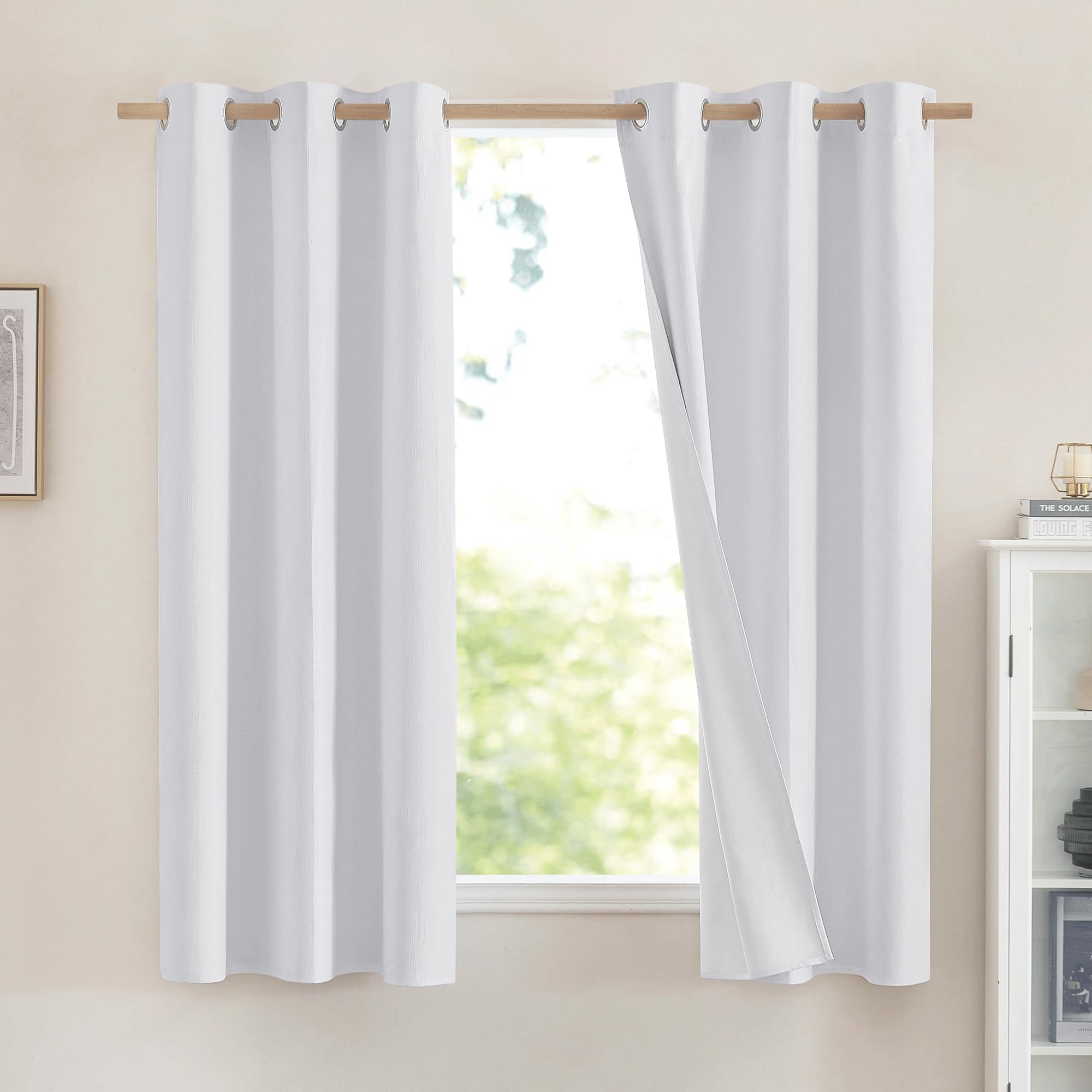 NICETOWN 100% Absolutely Blackout Linen Curtains with Thermal Insulated White Liner, White, 42 inches Wide, 63 inches Length Energy Saving Curtains