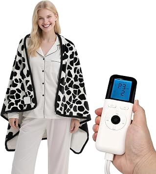 Heated Wearable Shawl 33x59 Inch, 6 Heating Levels & 5 Timer Settings, Soft Sherpa to Fleece, UL Certified with Auto Shut Off, Machine Washable Gift for Christmas Home Office (CowPrint)