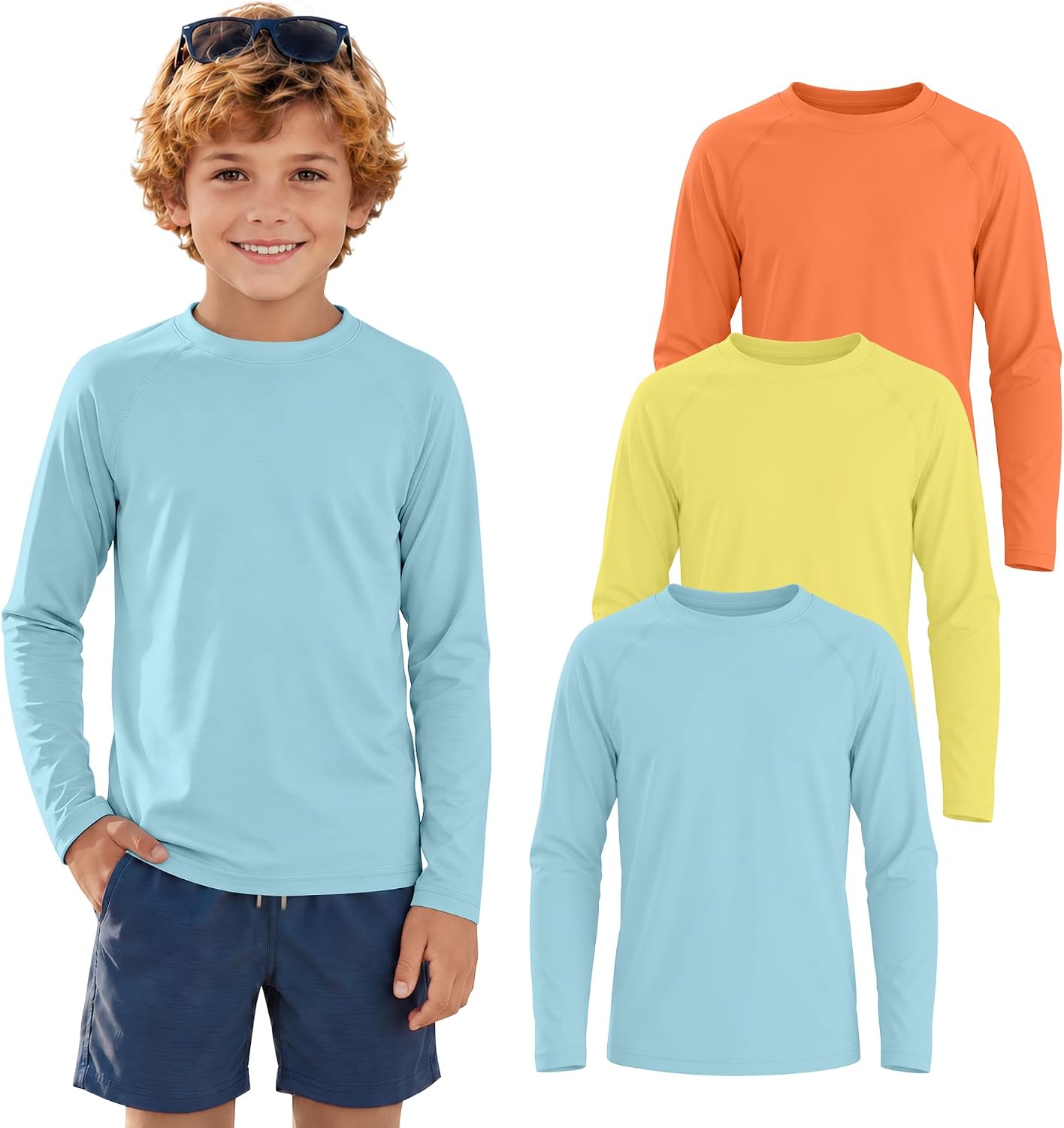 Yooo's Vivi 3 Pack Boys Rash Guard Swim Shirt Kids UPF 50+ Quick Dry Long Sleeve Sun Protection Shirts Athletic Rashguards