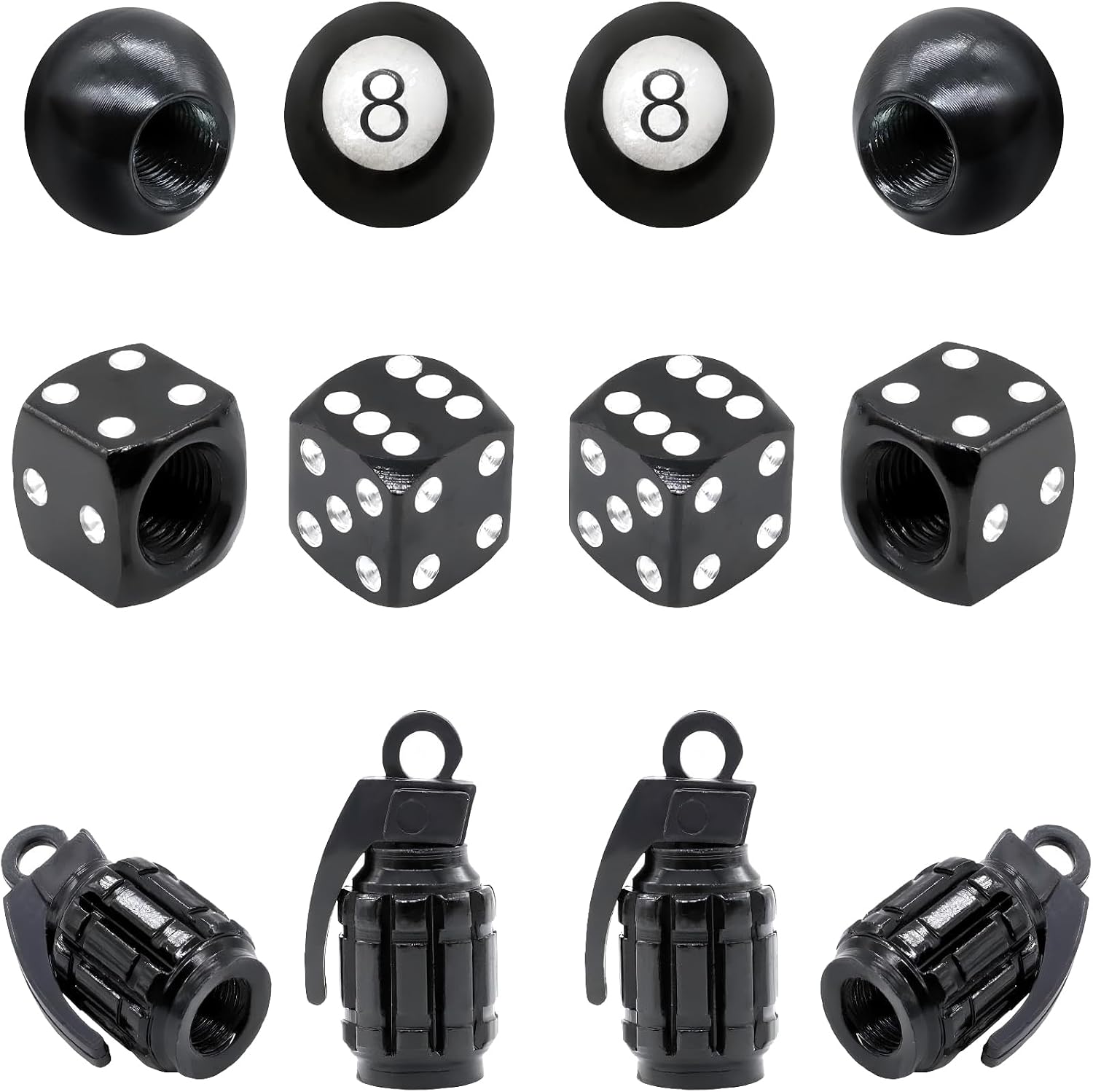 12PCS Dice Style Tire Valve Stem Caps, with O Rubber Ring, Universal Aluminium Alloy Dustproof Tire Valve Stem Covers for Cars, SUV, Trucks, Bikes, Motorcycles, Bicycles(Black)