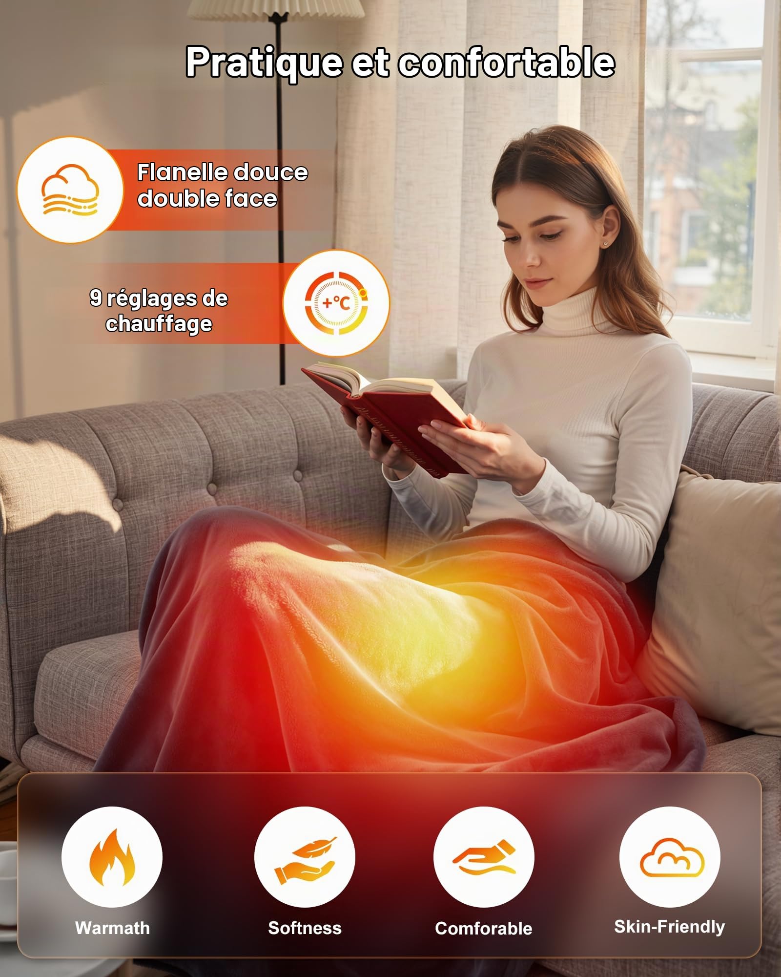 Couverture chauffante électrique 180x130cm pour 1-2 Personnes, Plaid Chauffant électrique pour canapé et lit, Flanelle Ultra Douce, 5 température, minuterie 4h avec arrêt Auto, Protection surchauffe