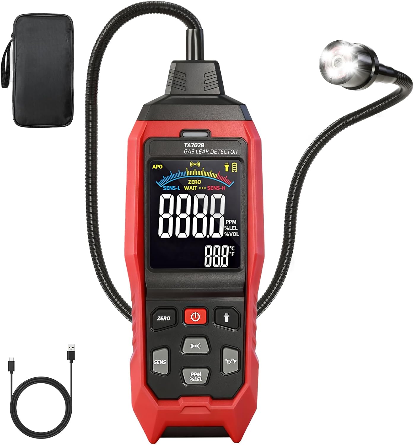Gas Leak Detector with LED Flashlight & Flexible Gooseneck, Rechargeable Natural Leak Detector with Digital Display & Sound Alarm, Locates Propane Methane LPG Butane for Home Kitchen RV Industrial Use