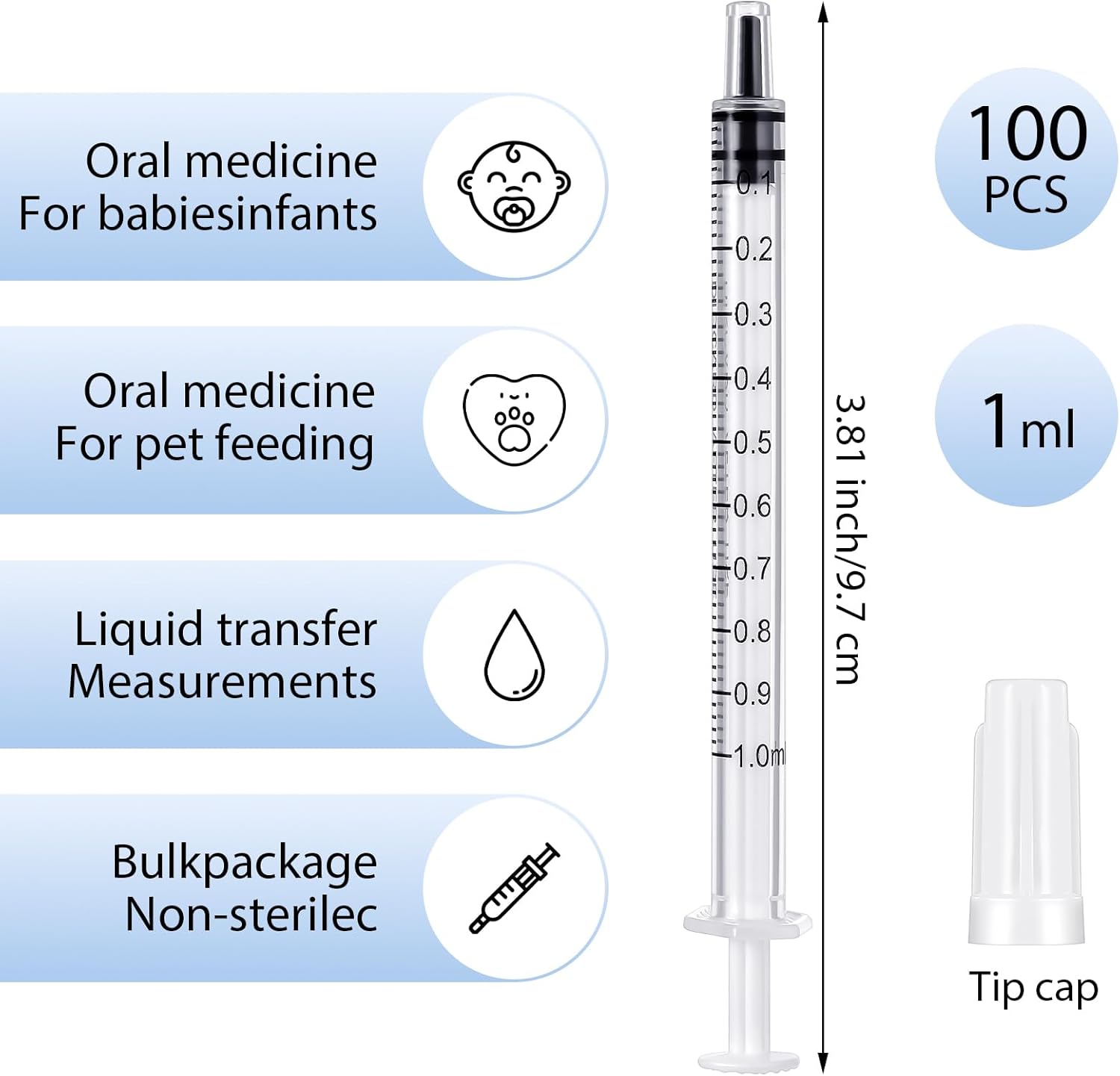 100 Pack 1ml Syringe with Cap, No Needle Syringe, Plastic Small Syringes with Cover for Scientific Labs, Measuring Liquids, Feeding Pets, Medical Student, Oil or Glue Applicator