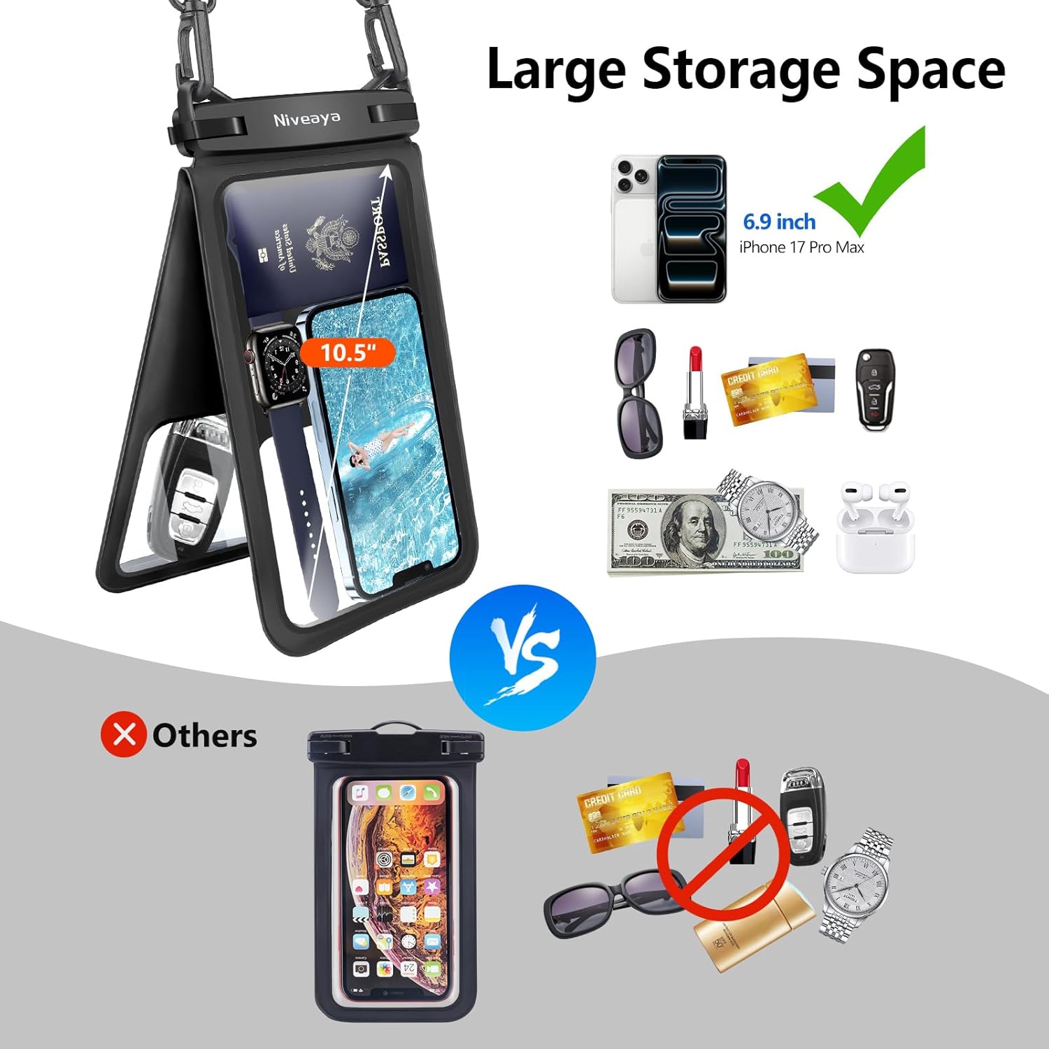 Niveaya [Up to 10.5"]Waterproof Phone Pouch - 2 Pack, Waterproof Phone Lanyard Case with iPhone 17/16/15/14/13 Pro Max up to 9.5", Phone Dry Bags for Vacation Beach Pool Kayak Cruise Travel Essentials