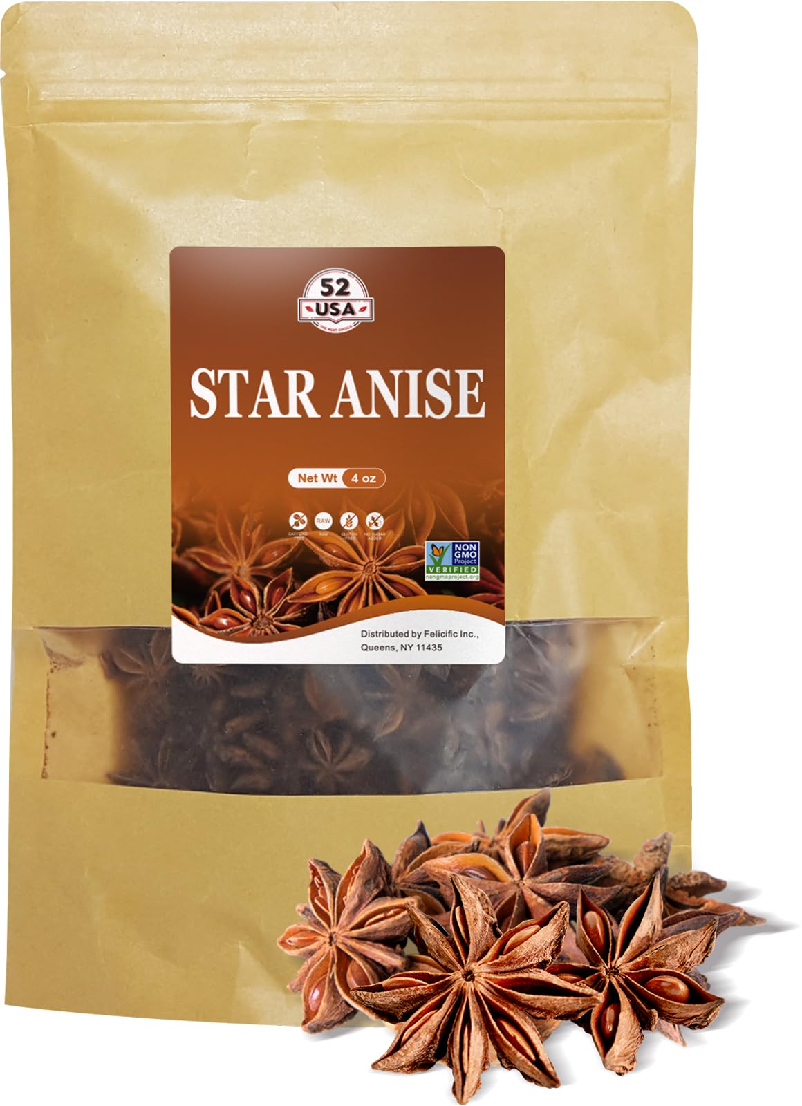 52USA Star Anise, Star Anise whole 4oz (Pack of 1), NON-GMO Verified Chinese Star Anise, Dried Anise Spice