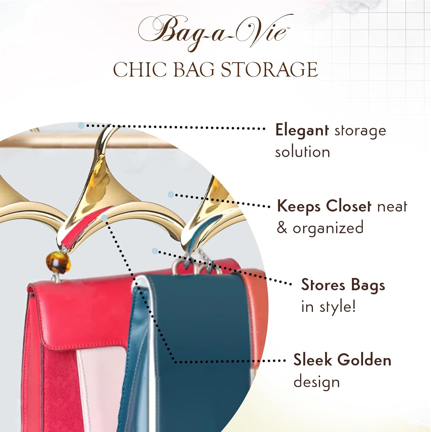 Bag-a-Vie Purse Hanger for Closet - Handbag Organizer Hooks for Hanging Bags & Purses, Protecting Bag Shape & Organizing Space (3 Hanger, Gold Metal)