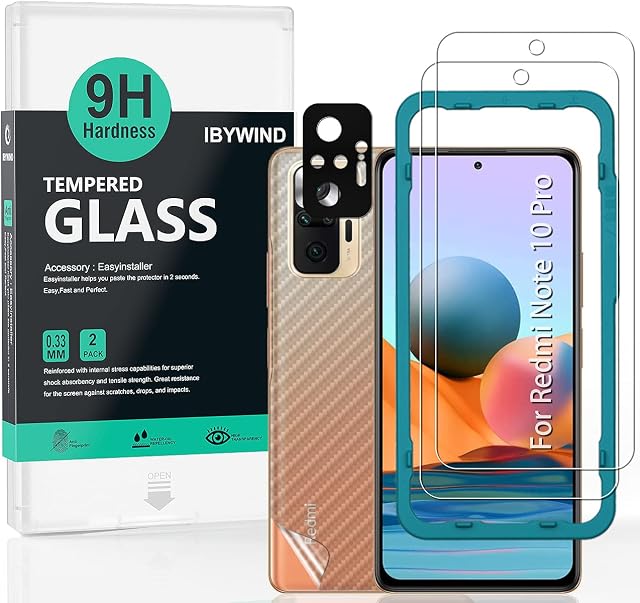 Ibywind Screen Protector for Redmi NOTE 10 PRO 4G(6.67"),[Pack of 2] with Metal Camera Lens Protector,Back Carbon Fiber Skin Protector,Including Easy Install Kit