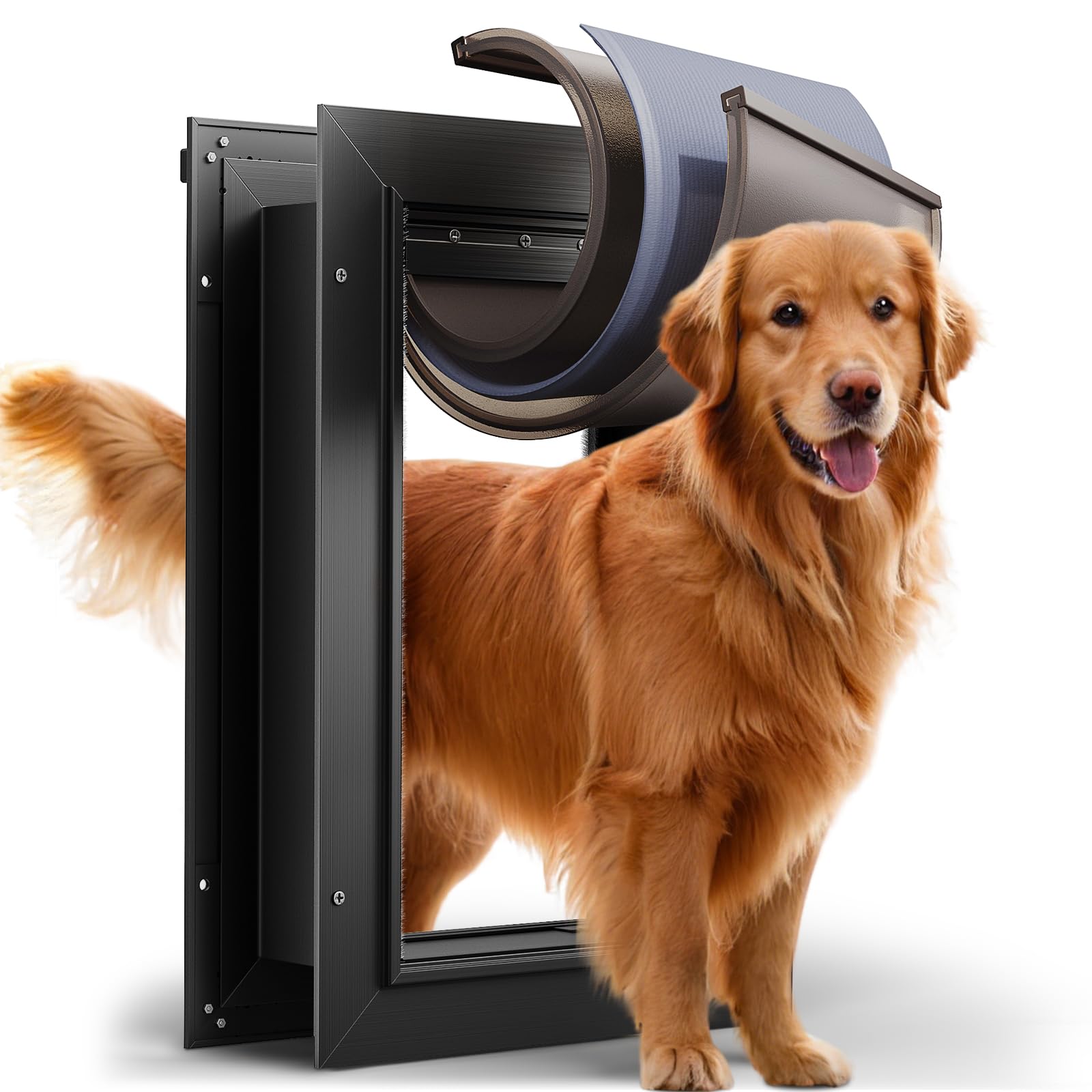 3-Flap Dog Door, All Aluminum Alloy Large Doggy Door Doggie door for Wall, Heavy Duty Pet Door Easy to Install, Energy Efficient, Telescoping Tunnel for Interior & Exterior Wall, Pet Up to 110Lb-Black