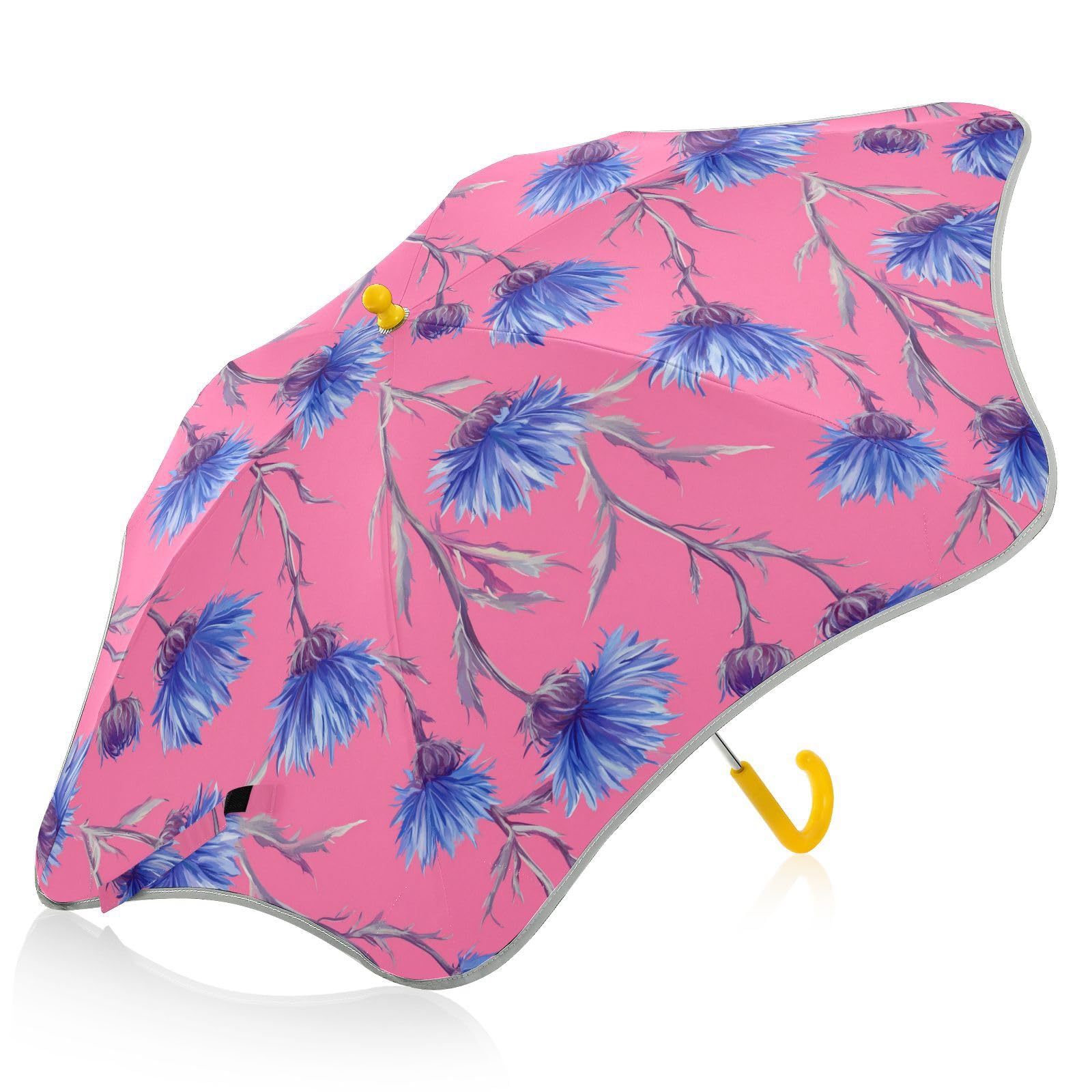 Parapluie rose à motif floral bleu pour enfants filles et garçons, parapluie de pluie et coupe-vent pour enfants avec bande réfléchissante, parapluie de voyage avec poignée à crochet facile à prendre