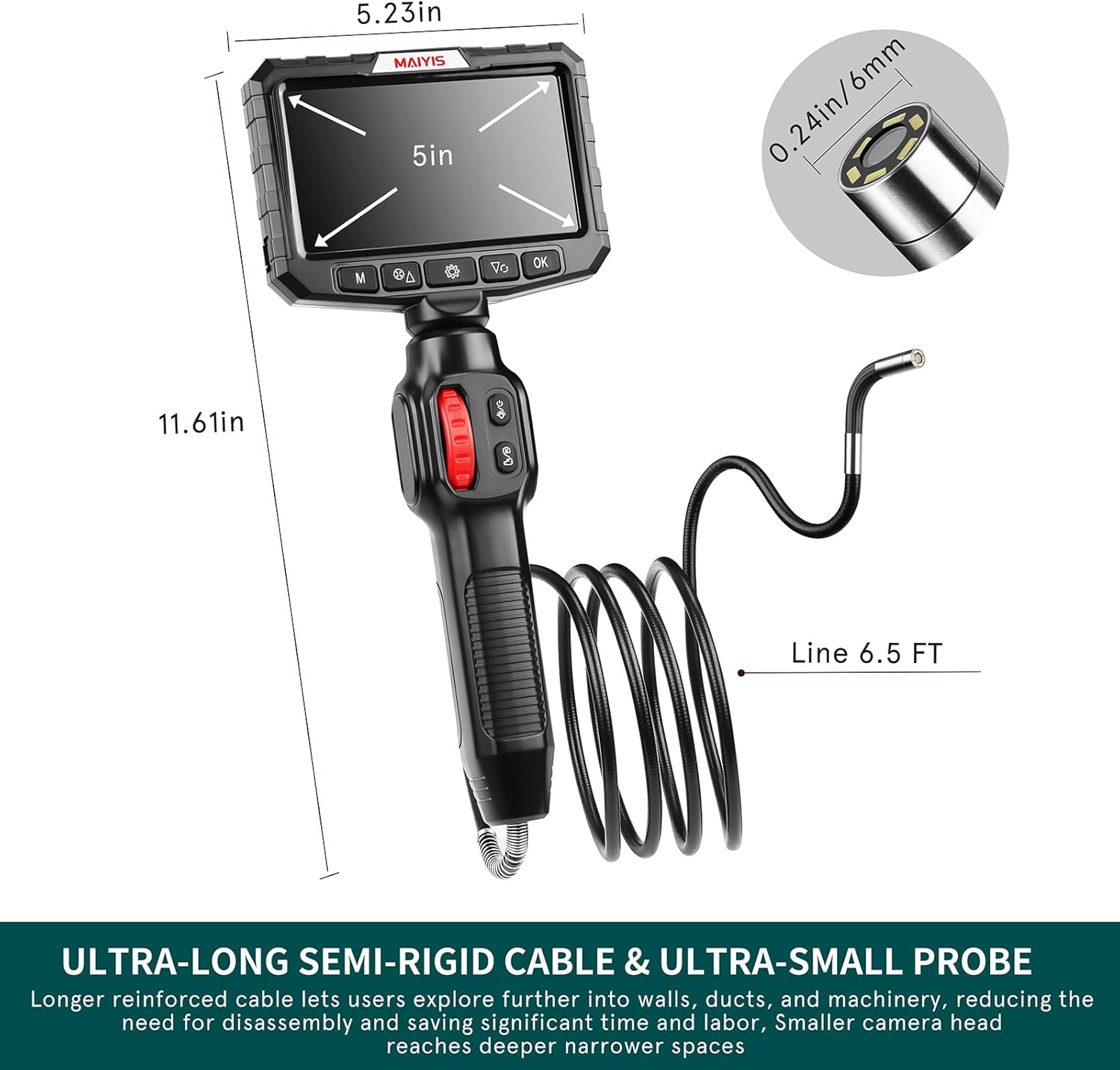 Two-Way Articulating Borescope Camera with Light, 0.24 in Mini Inspection Camera with 5 in HD Screen, 6.5ft Semi-Rigid Snake Cable Endoscope for Wall, Engine, HVAC and Plumbing Checks