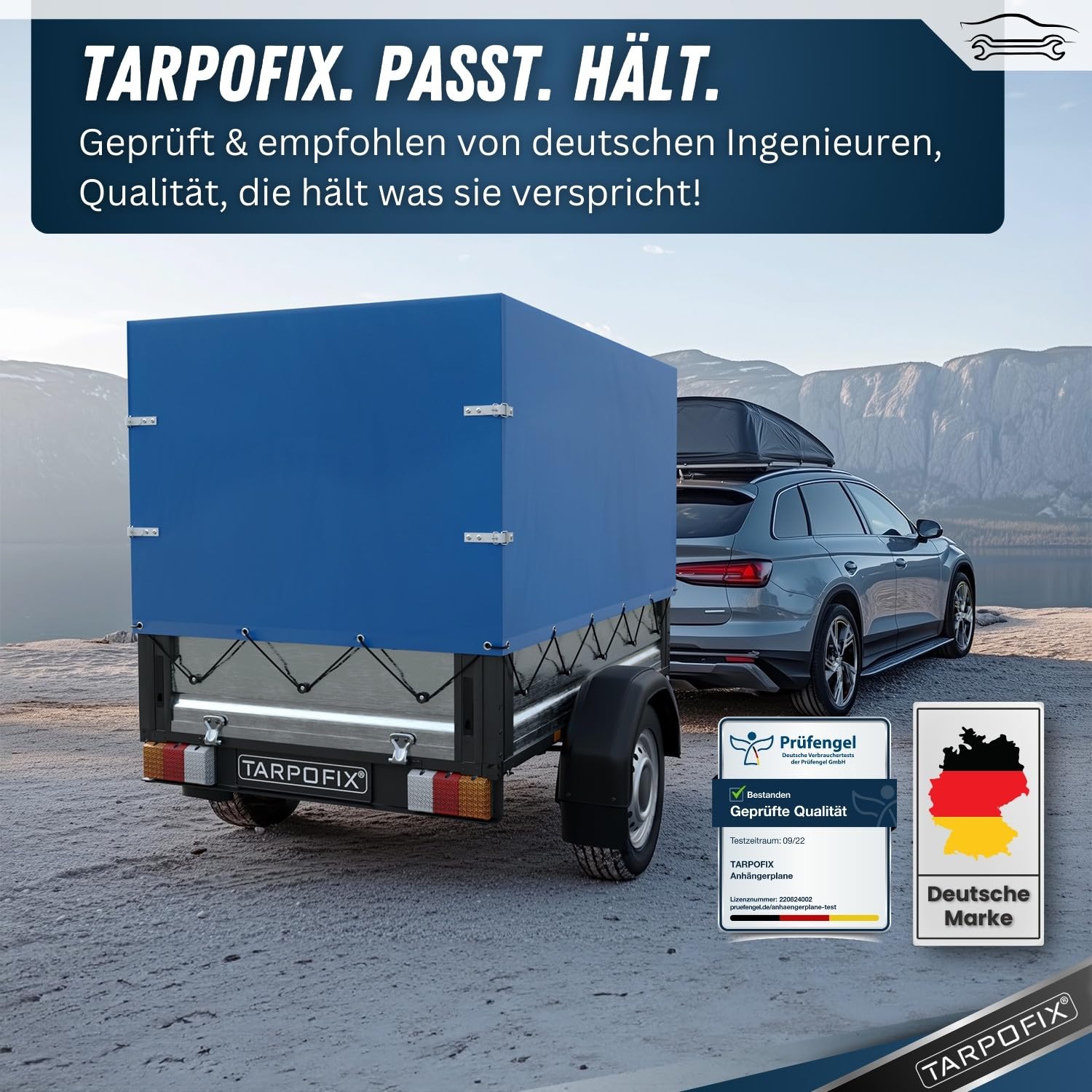 Tarpofix® Anhänger Plane 209x114x65 cm inkl. Planenseil | Anhängerplane Hochplane aus PVC PLANENMATERIAL | Verstärkte Stema Hänger Abdeckplane für 750kg PKW Autoanhänger | Abdeckung Blau