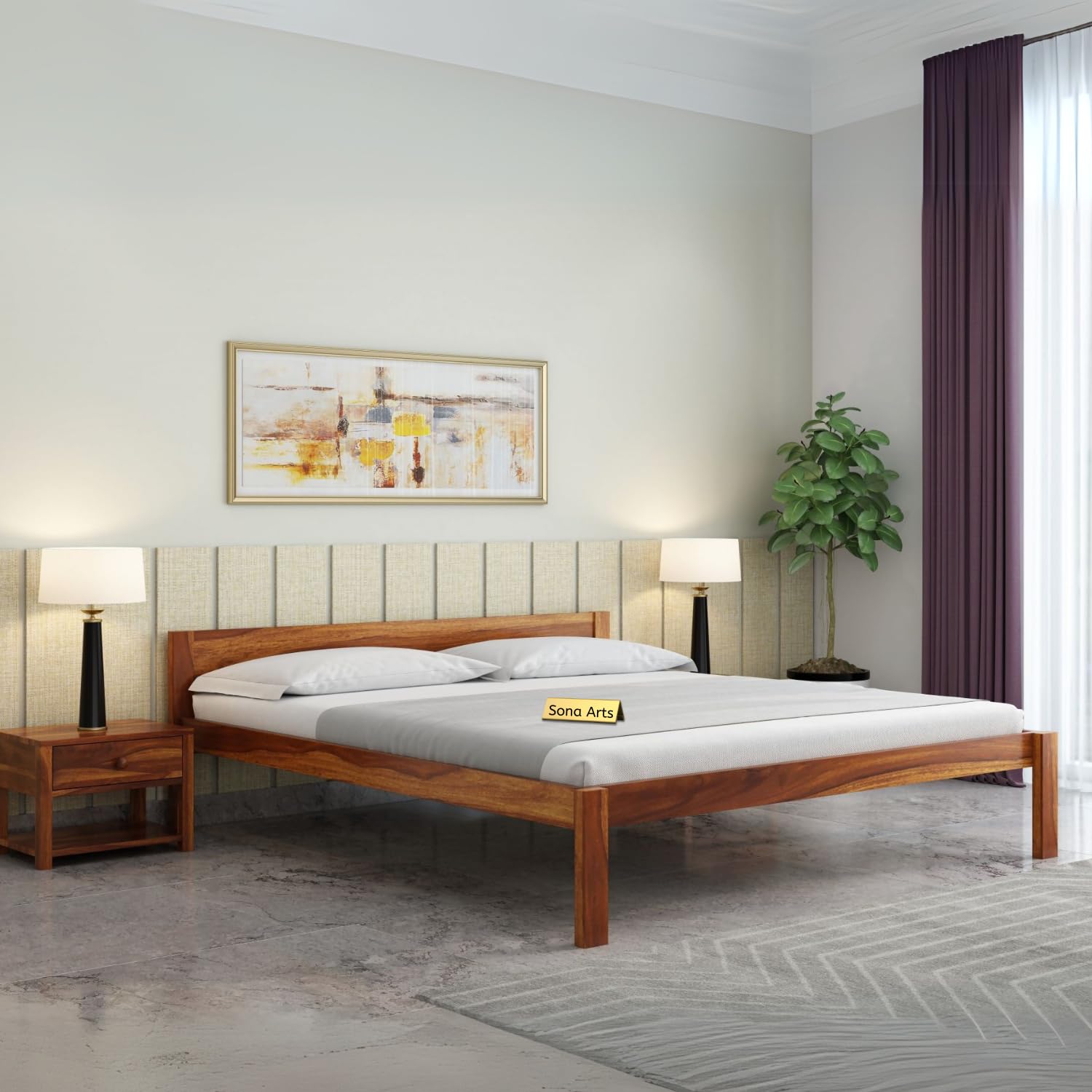 SONA ART & CRAFTS Sheesham Wood Queen Size Bed Without Storage Solid Wooden Cot Bed Double Bed Furniture for Bedroom Living Room Home - Single Patti Bie Bed (Teak Finish)-image-2