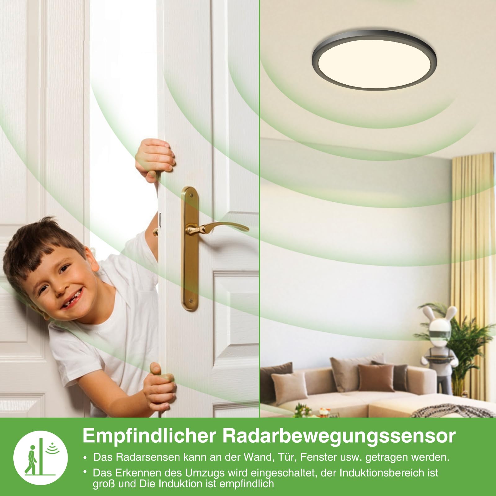 zemty Lampa sufitowa LED z czujnikiem ruchu 19 W, 4000 K, płaska lampa z czujnikiem ruchu wewnątrz, 22 cm, 1800 lm, okrągła lampa sufitowa, czujnik ruchu, IP44, lampa ścienna na balkon, piwnicę,