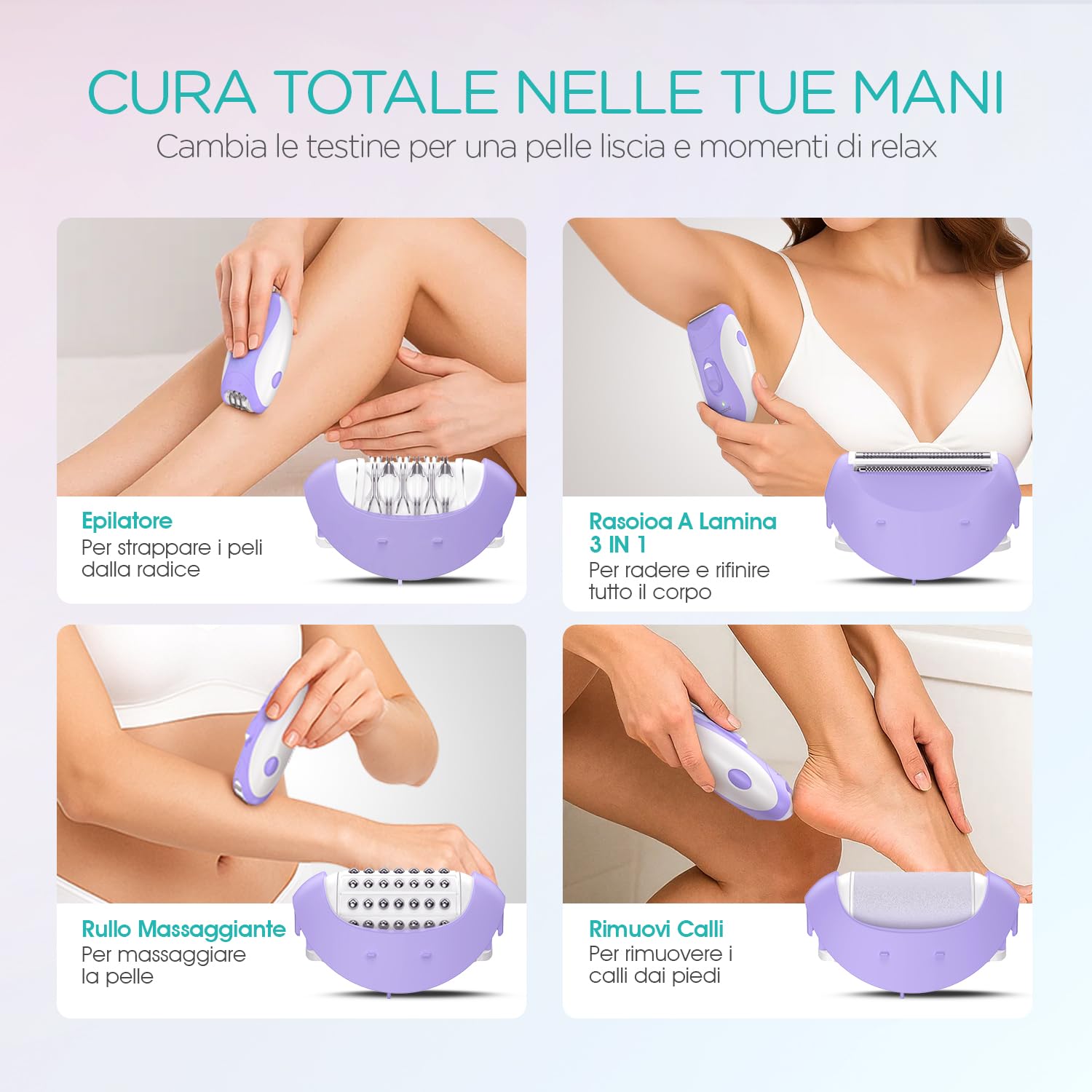 VOGOE Epilatore per Donne, Epilatori 4 in 1 Depilazione con 2 Velocità, Epilatore Cordless Ricaricabile a Rasoio, 21 Pinzette Coperte, Depilatore Elettrico per Viso Gambe Braccia Ascelle Bikini, Viola