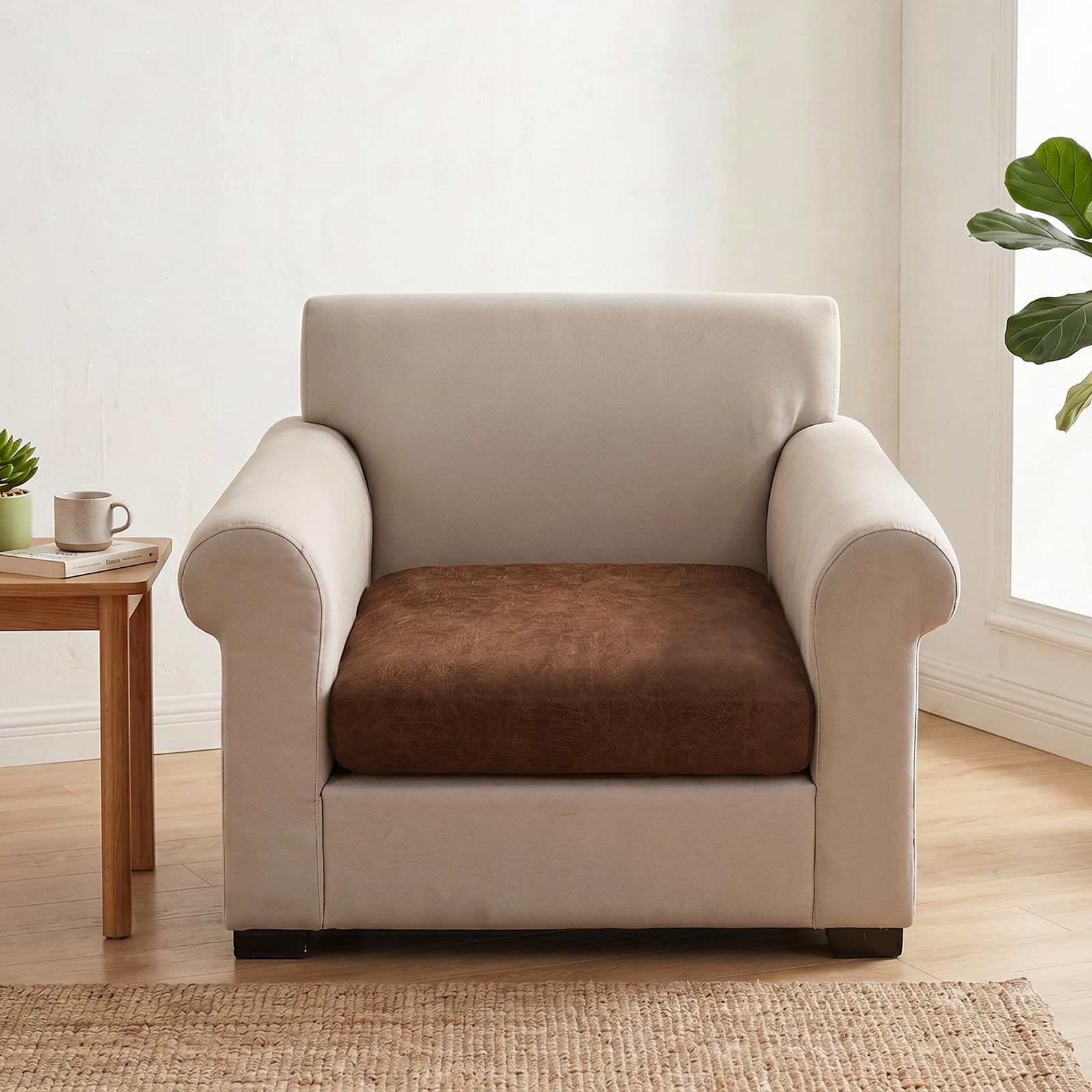 ele ELEOPTION Stretch Sofa Seat Cushion Cover, Outdoor Couch Cushion Cover, Non-Slip & Soft Leather-Like with Elastic Bottom, Water-Repellent Protector for Parlor Garden Patio(Dark Brown,65~95cm*1)