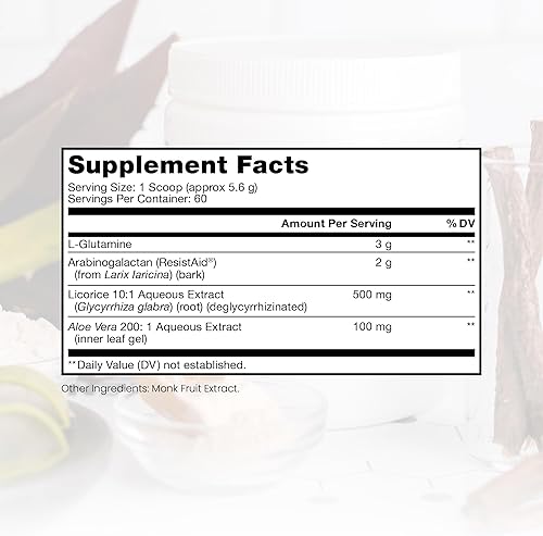 Miniatura 9 de Defensa intestinal con fugas - 30 porciones  Reparación GI  Contiene 011oz de L-glutamina raíz de regaliz desglicirrizada hoja de aloe y