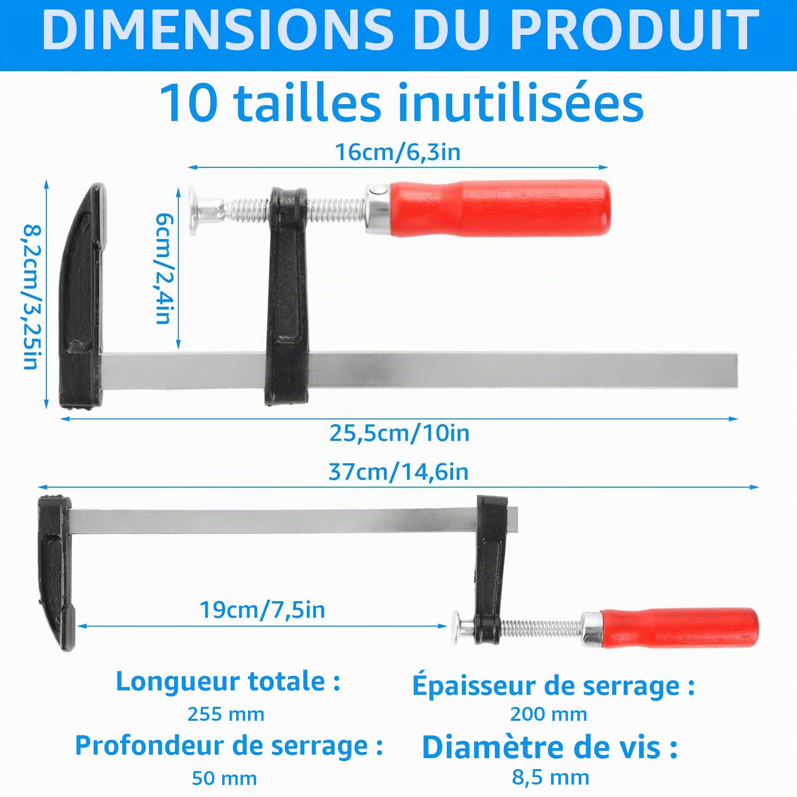 Serre-Joint Menuisier F, 10PCS Set [50x200], 255mm Longueur Totale, 50mm Profondeur de Serrage, 200mm Largeur de Serrage, Serres-Joints en Acier Moulé Trempé avec Poignée Ergonomique