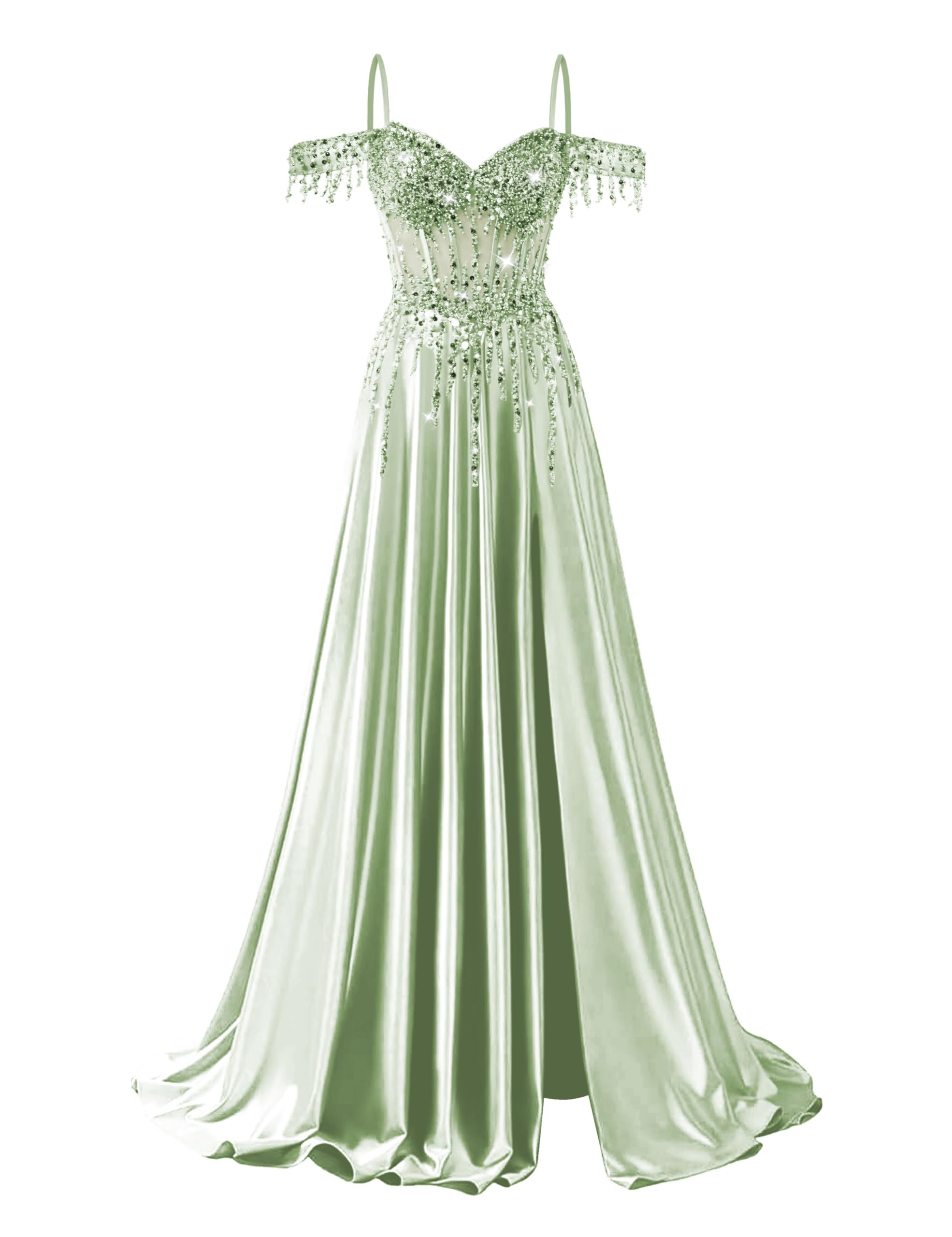 Fokissy Sparkly Beaded Satin Ball Gown for Women Off The Shoulder Prom Dresses 2026 Flowry A-Line Evening Gown