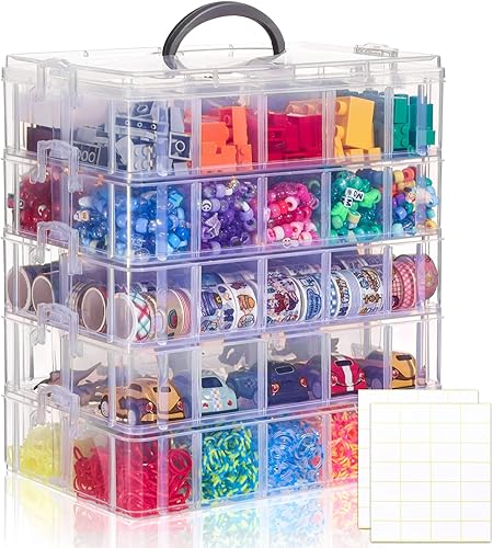 QUEFE Caja de almacenamiento apilable de 5 niveles con 50 compartimentos, caja organizadora de plástico para artes y manualidades, juguetes, cuentas