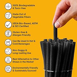 The Veggie Straws - 300 PCS of 8.25 Inches Unwrapped Biodegradable Black Straws - Made of Vegetable Fibers, Best Environment Friendly Drinking Straws for Hot and Cold Beverages
