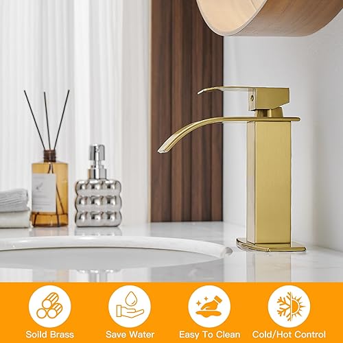 Miniatura 4 de BESy Grifos de baño de cascada de oro cepillado, grifo de lavabo de baño de una sola manija, grifo de tocador de 1 agujero Rv placa de cubierta de 3