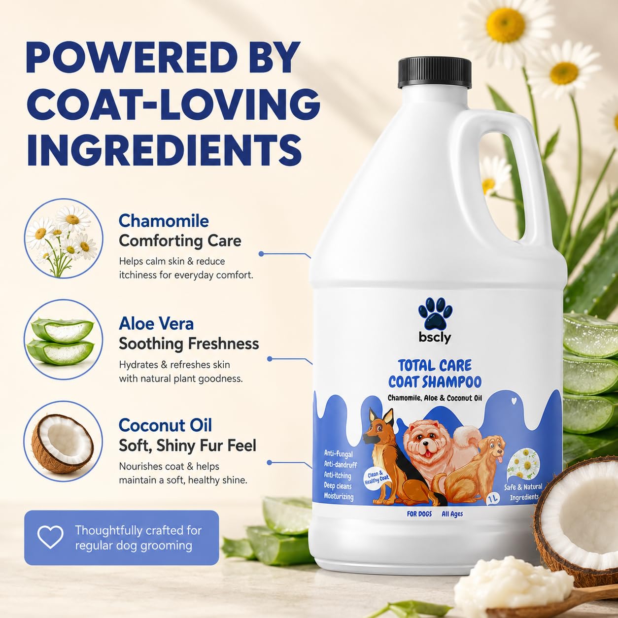 Bscly Total Care Dog Shampoo 1000ml | Anti Tick & Flea Shampoo for Dogs | Anti-Itch, Antifungal & Antibacterial Pet Shampoo | pH Balanced Puppy Safe Shampoo for Soft Shiny Coat 2