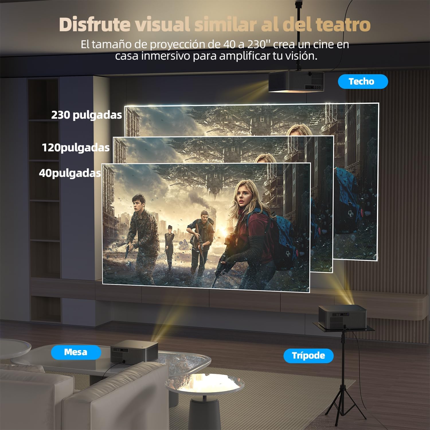 Projector displaying various screen sizes from 40 to 230 inches, with placement options like table, tripod, and ceiling.