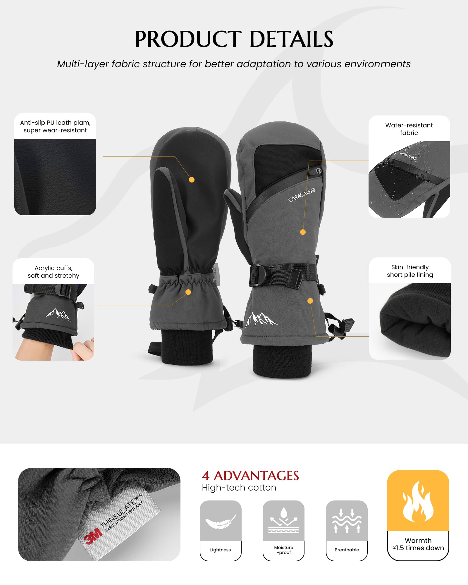 Winter Ski Mittens for Men Women Cold Weather- Warm Snow Snowboard Mittens Gloves Windproof & Waterproof, Thinsulate Warm Adult Snow Sports Mitts with Pocket Skiing Snowboarding Mitts Gloves Gray S-M