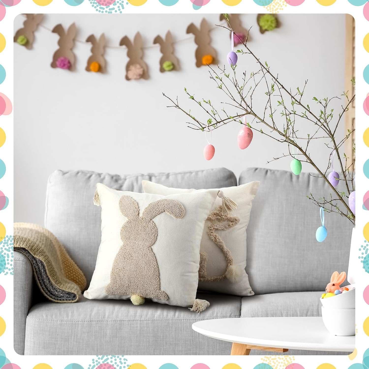 Beeveer 2 Pack 18 x 18 Inch Happy Easter Throw Pillow Covers Bunny Rabbit Throw Pillowcase for Spring Easter Home Sofa Couch Bedroom and Outdoor Porch Decor