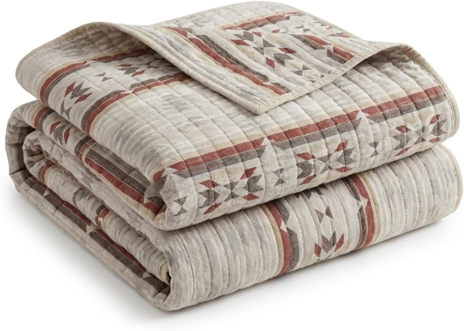 Rod's True Western Alamosa Southwest Quilt Full/Queen, Neutral Gray Taupe Beige Red Aztec Pattern, Reversible Cotton Bedding, 88x92 Inches
