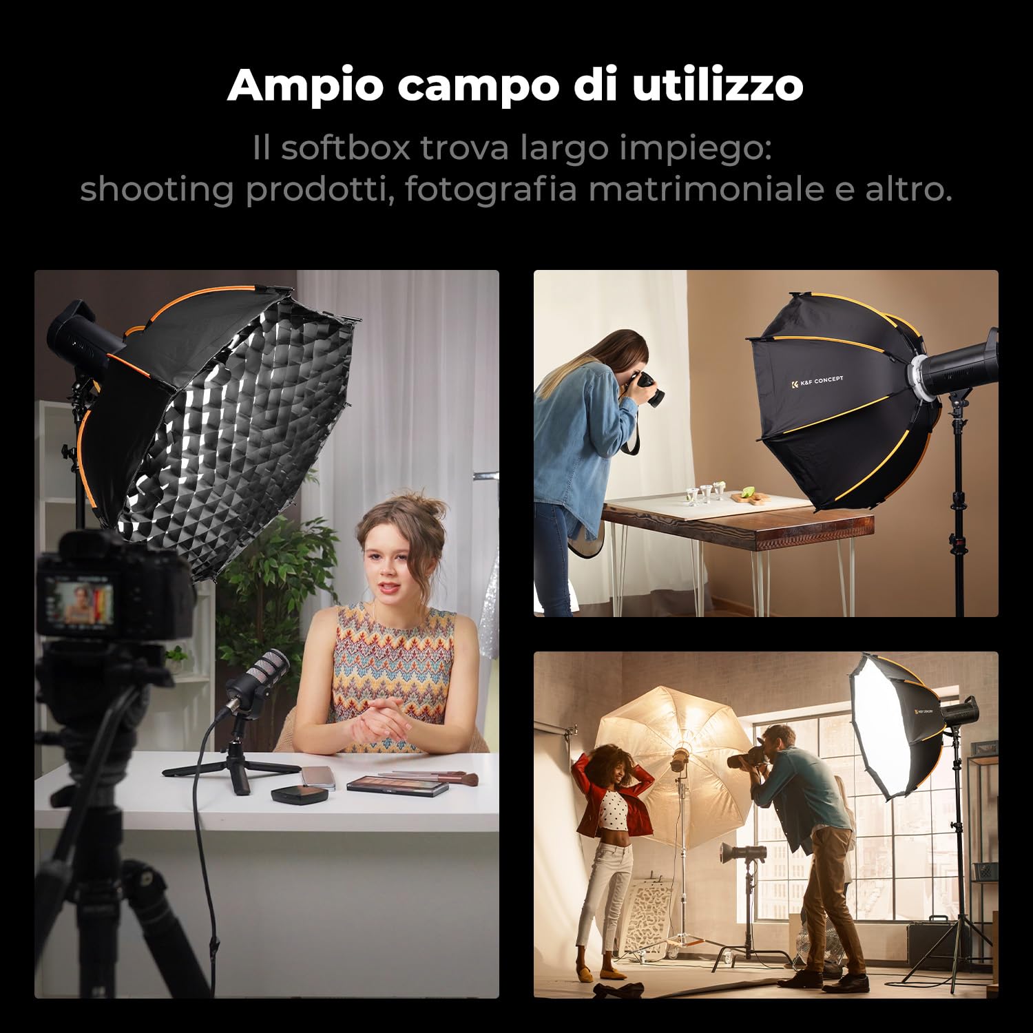 K&F CONCEPT 60cm/26''Rapido Sgancio Softbox con Griglia+Giffusore+Borsa | Attacco Bowens, compatibile con luci COB ideale per ritratti, matrimoni, riprese video e streaming live,LK07