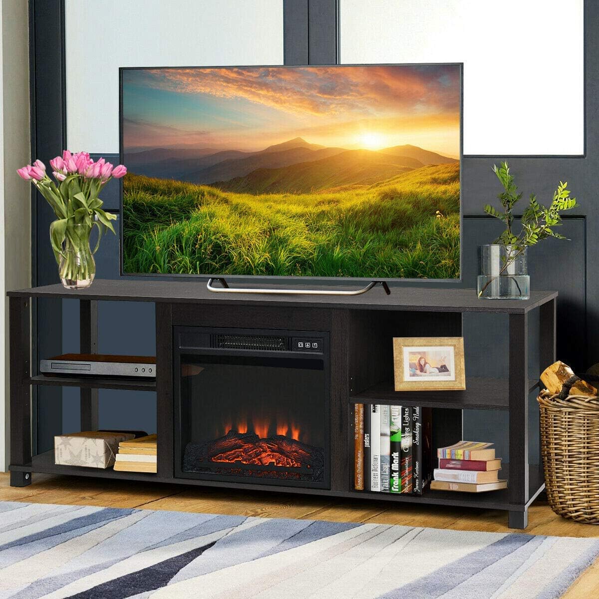 DORTALA 3-Tier TV Stand with Storage, Wood Multipurpose Entertainment Center for 65 Inch TV, TV Console Table w/ 18 Inches 1400W Electric Fire Place