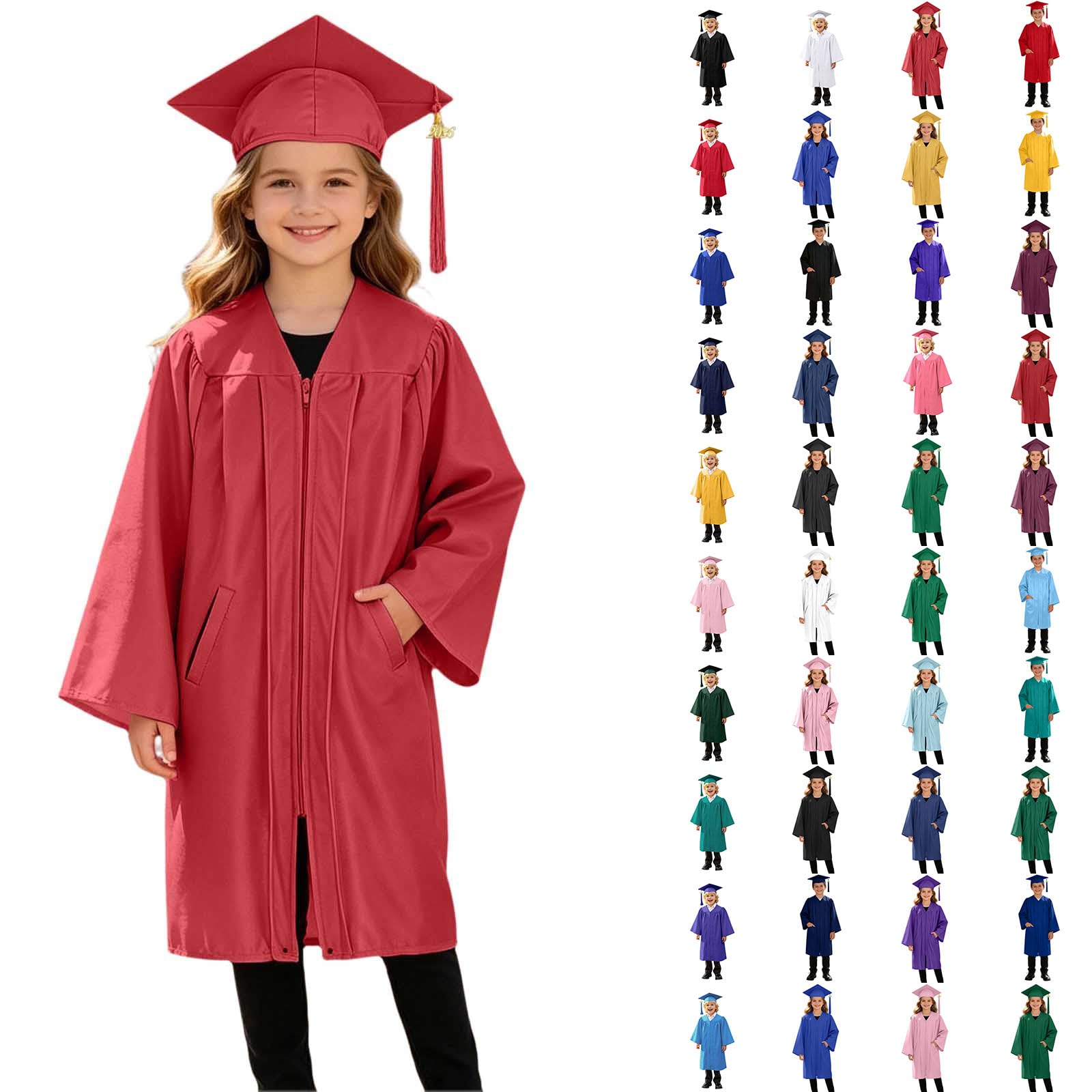 3 Piece Graduation Set for Kids, Gown, Cap, Gold 2026 Tassel, Unisex Boys Girls Preschool Kindergarten Primary School Graduation Gown and Cap Dress Up Props Costume, 21-Red