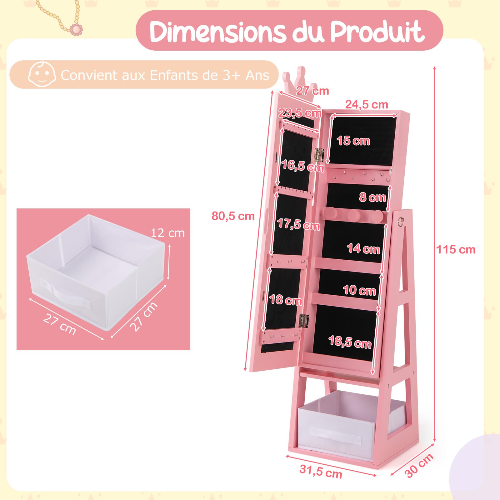 DREAMADE 3 en 1 Armoire à Bijoux Enfants en Bois,Organisateur de Bijoux Enfant avec Miroir Pleine Longueur,Tiroir Pliable,Anti-Bascule,Crochets,Meuble sur Pied Motif Couronne pour Filles (Rose)