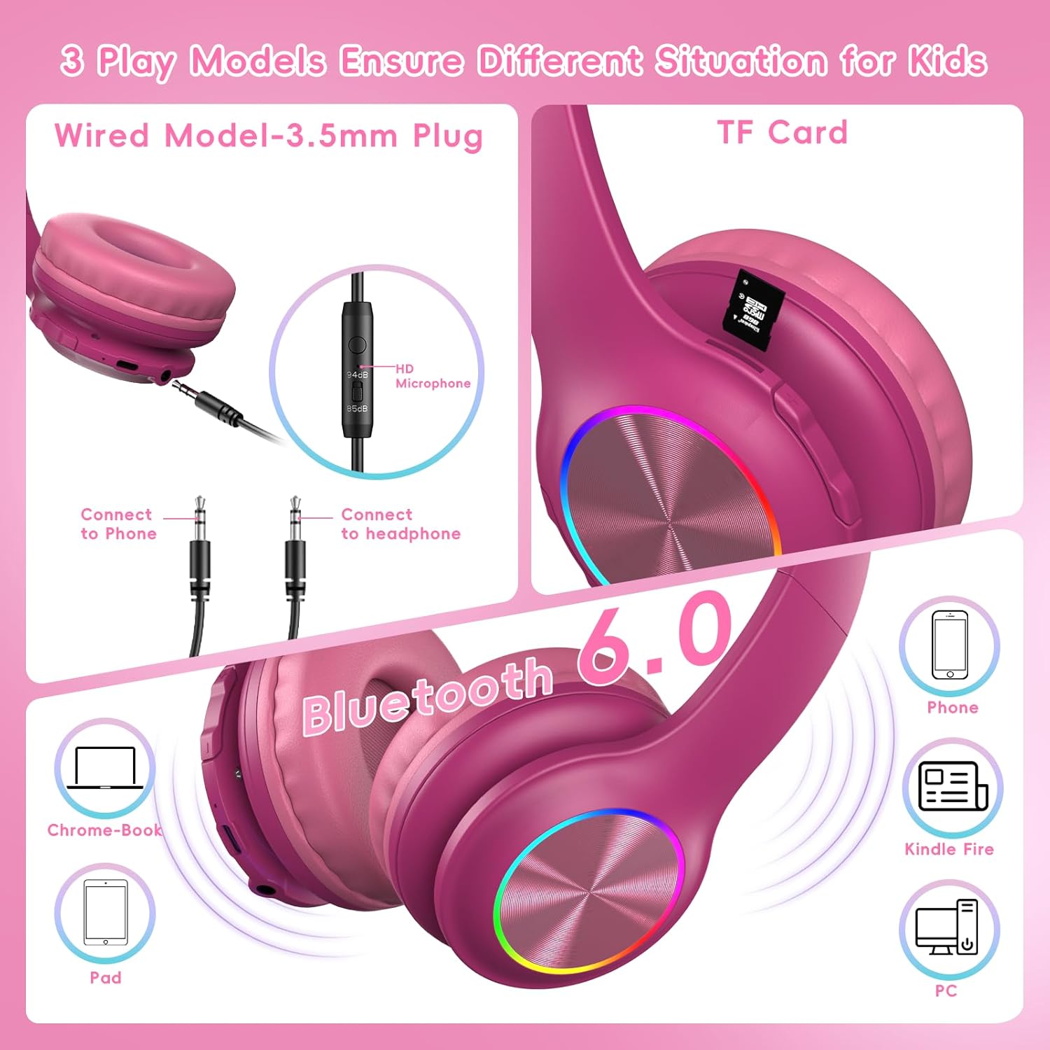 Candy Bila Kids Bluetooth 6.0 Headphones with LED Light, 85Hours Playtimes, Type-C Fast Charging, 85/94dB Volume Limited, Comfort Wireless Headphones with Built-in Mic, Wired & TF Card Mode, Hot Red