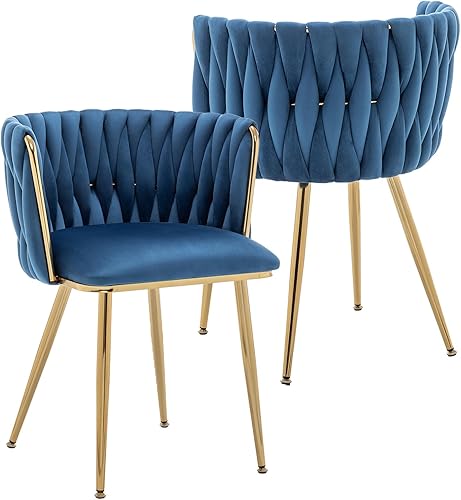 Miniatura 27 de Kiztir Juego de 4 sillas de comedor de terciopelo modernas tapizadas con respaldo tejido y patas de metal dorado para sala de estar, dormitorio,