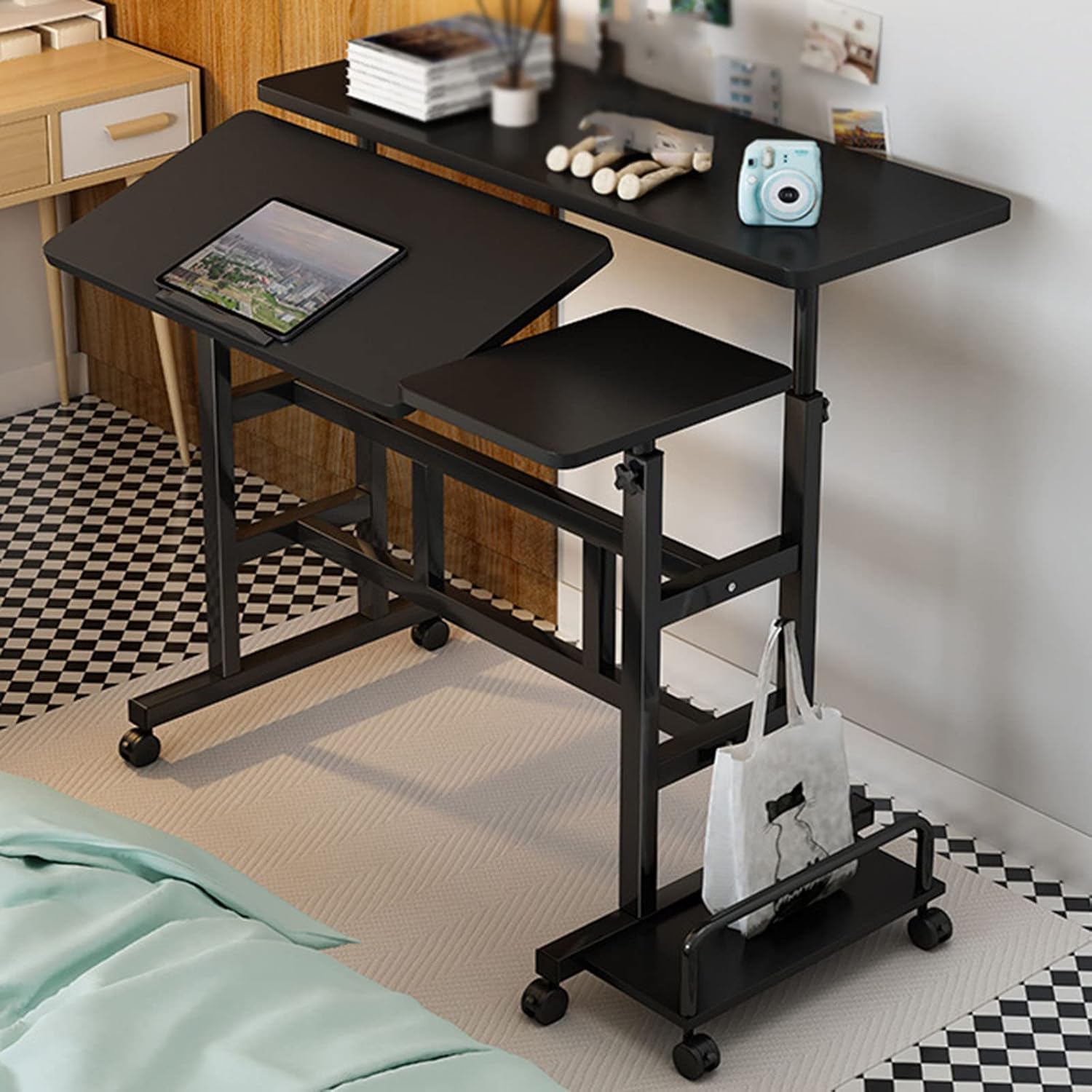 Liftable Foldable Standing Desk,Mobile Computer Desk with Wheels,Work Writing Study Desk Game Desk,for Study Bedroom Living Room,Black