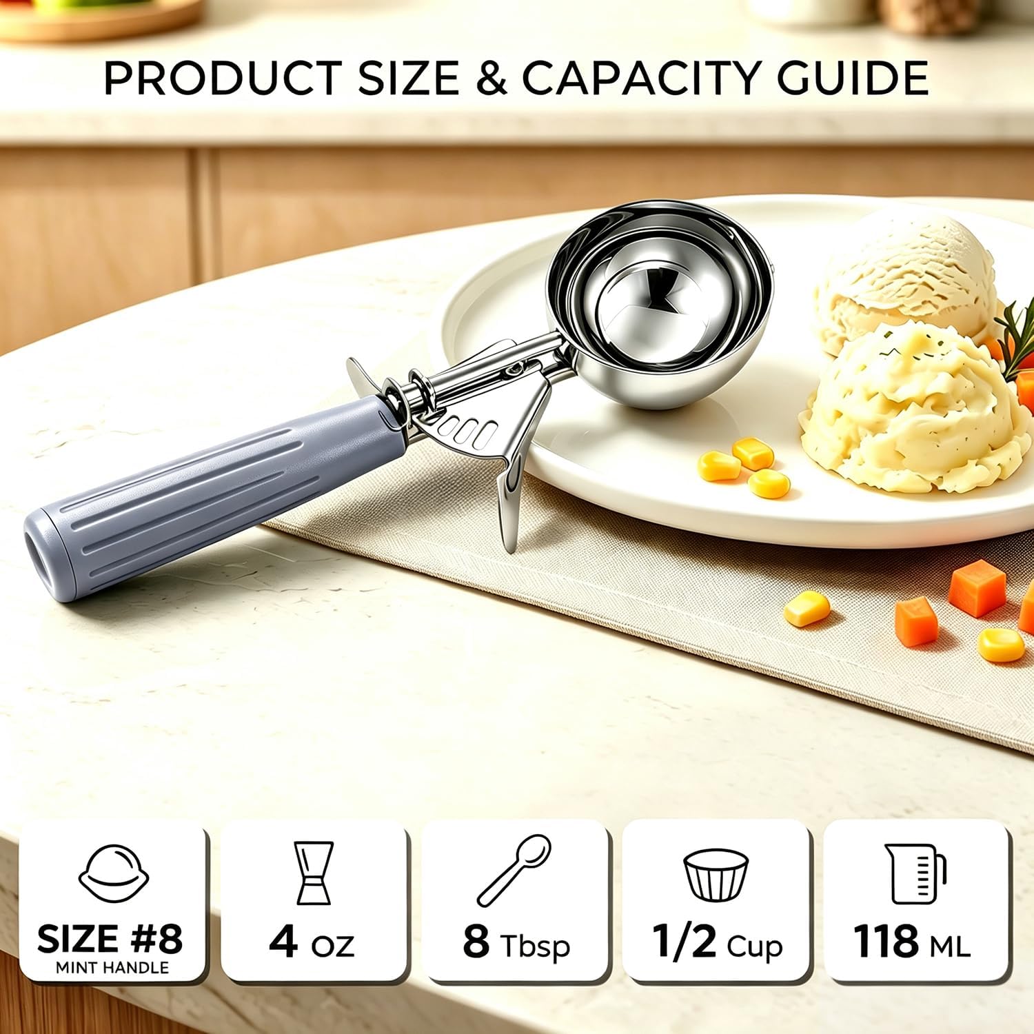 Saebye 4 oz Ice Cream Scoop With Trigger, #8 Scoop, 1/2 Cup Portion Scoop