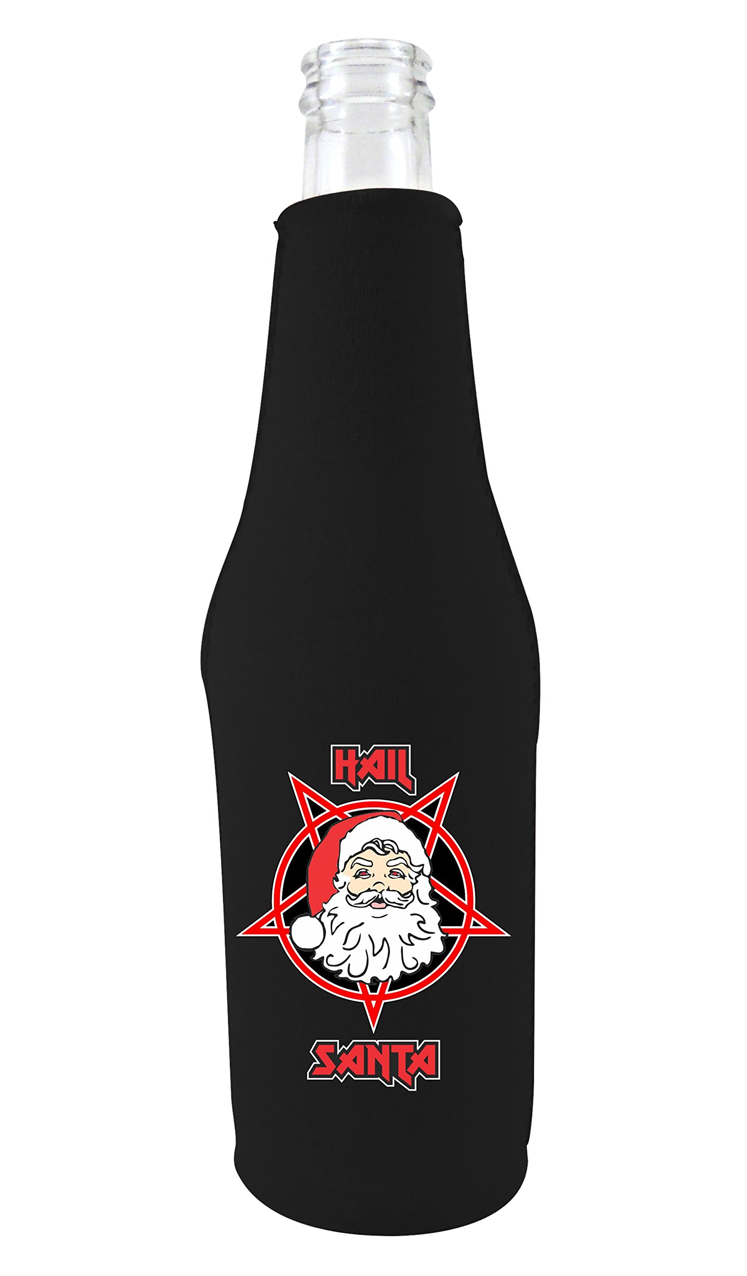 Hail Santa Zipper Bottle Coolie, Optional Attached Bottle Opener (Black)