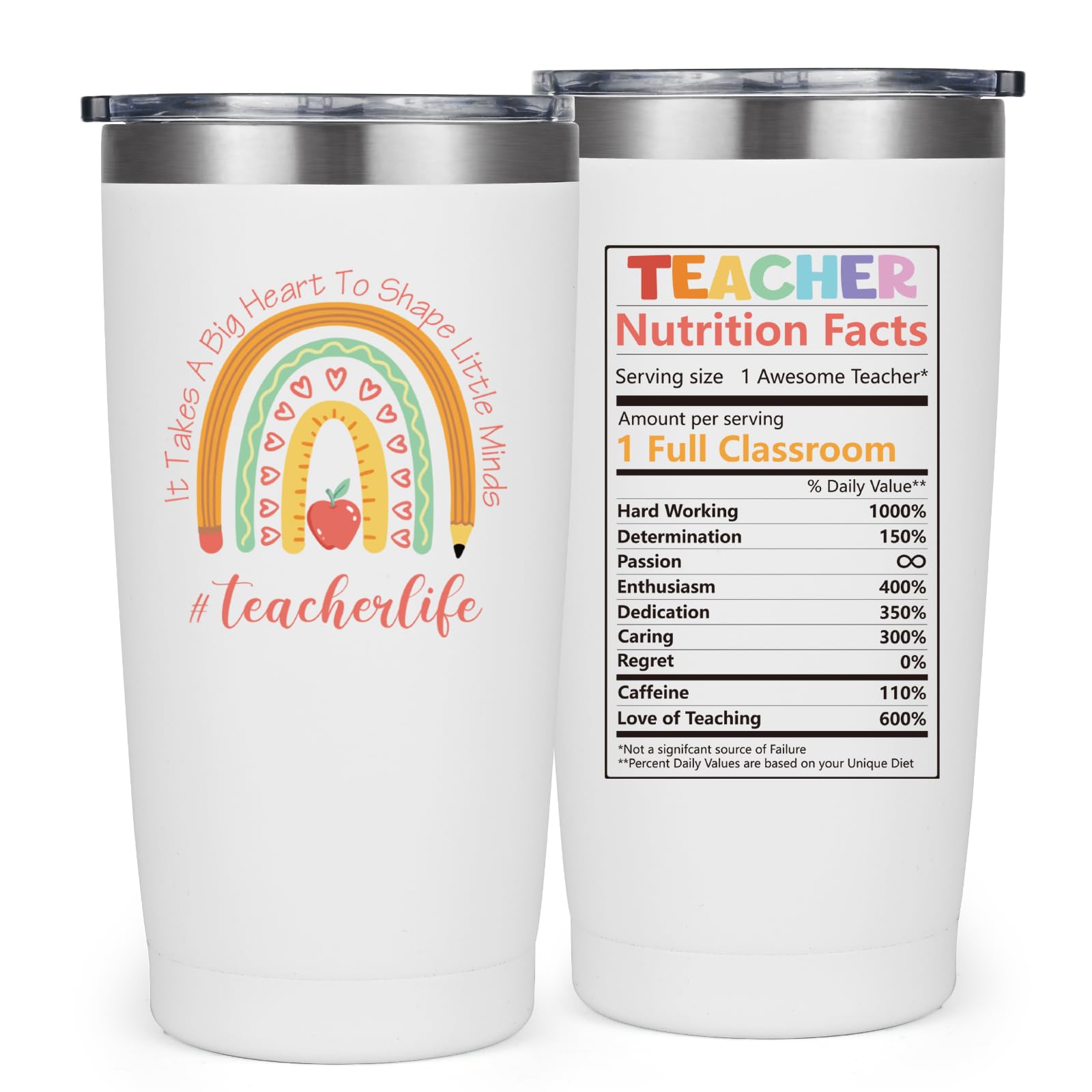 Livole Thank You Teacher Gifts for Women, Men, Best Teacher Gift, It Takes A Big Heart to Help Shape Little Minds, End of Year Gifts for Teachers, Rainbow Mug, 20oz Stainless Steel Travel Coffee Mug