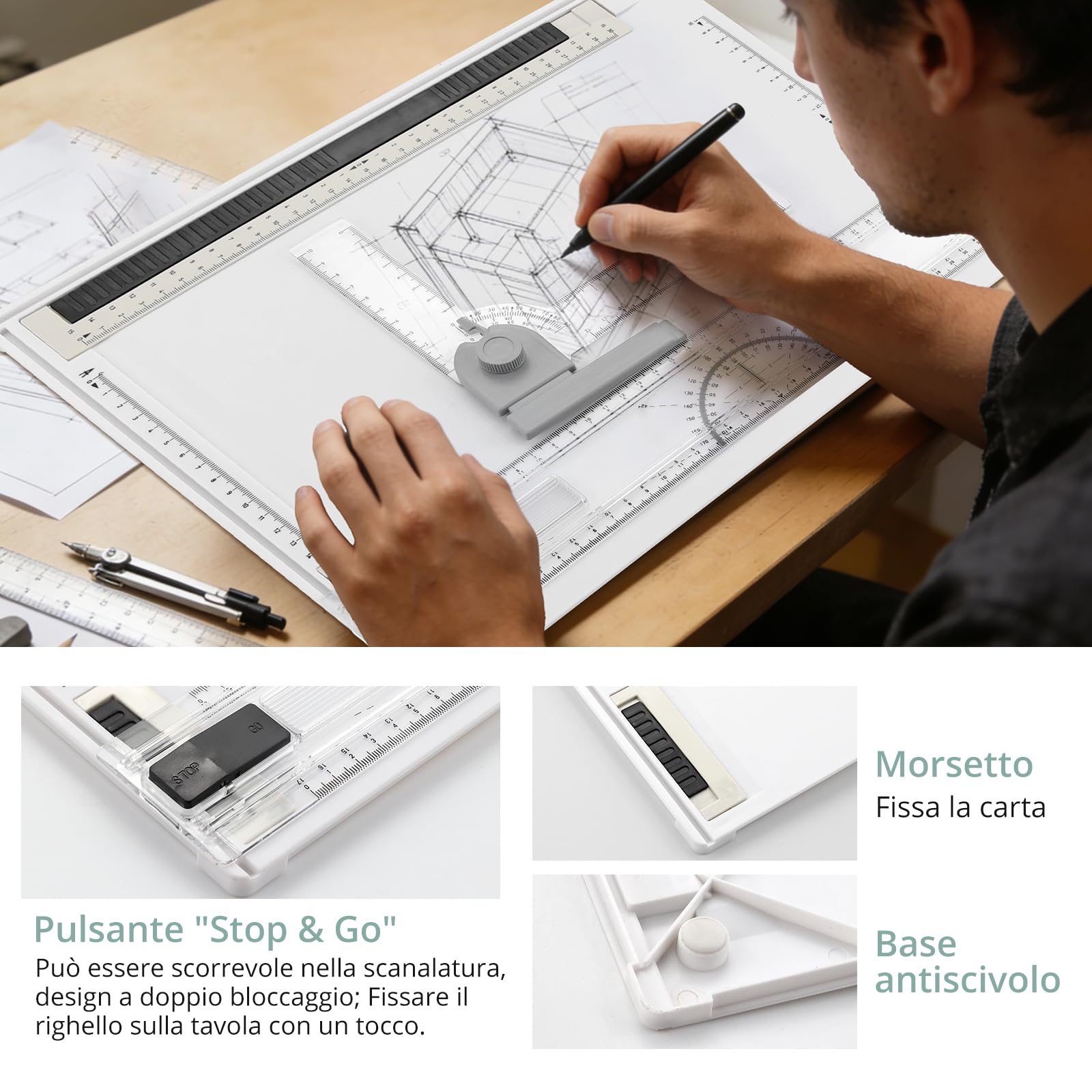COLFULINE Tavola da Disegno A4 Professionale 37,5x30 cm,Tavolo da Disegno Multifunzionale con Righe a T/L e Goniometro,Base Antiscivolo/Portatile,per Pittura Calligrafia e Scrittura