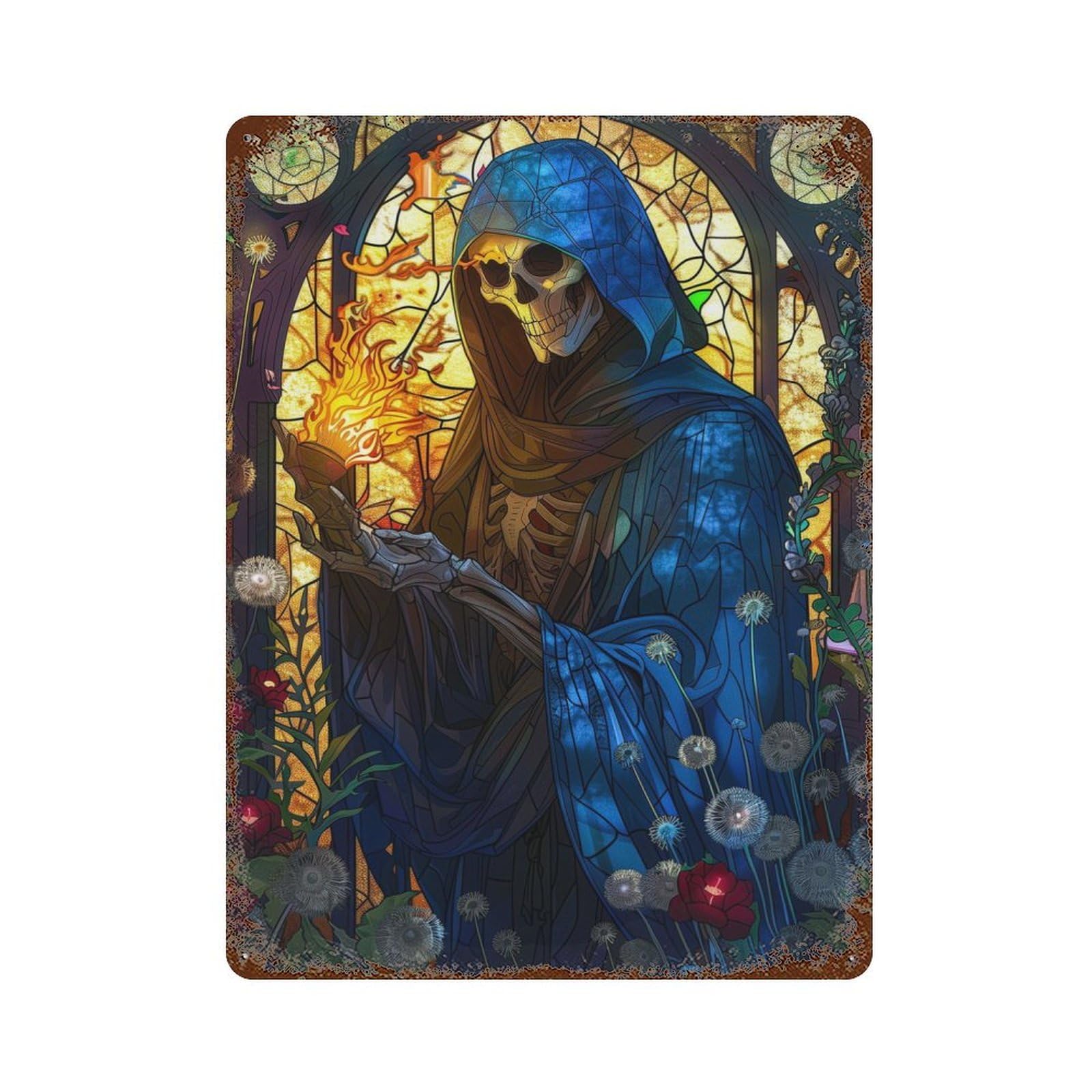 Rust Effect Grim Reaper Stained Glass Rusty Metal Tin Sign 15.7"x11.8", Old School Wall Decor for Pub, Kitchen And Man Cave Decor